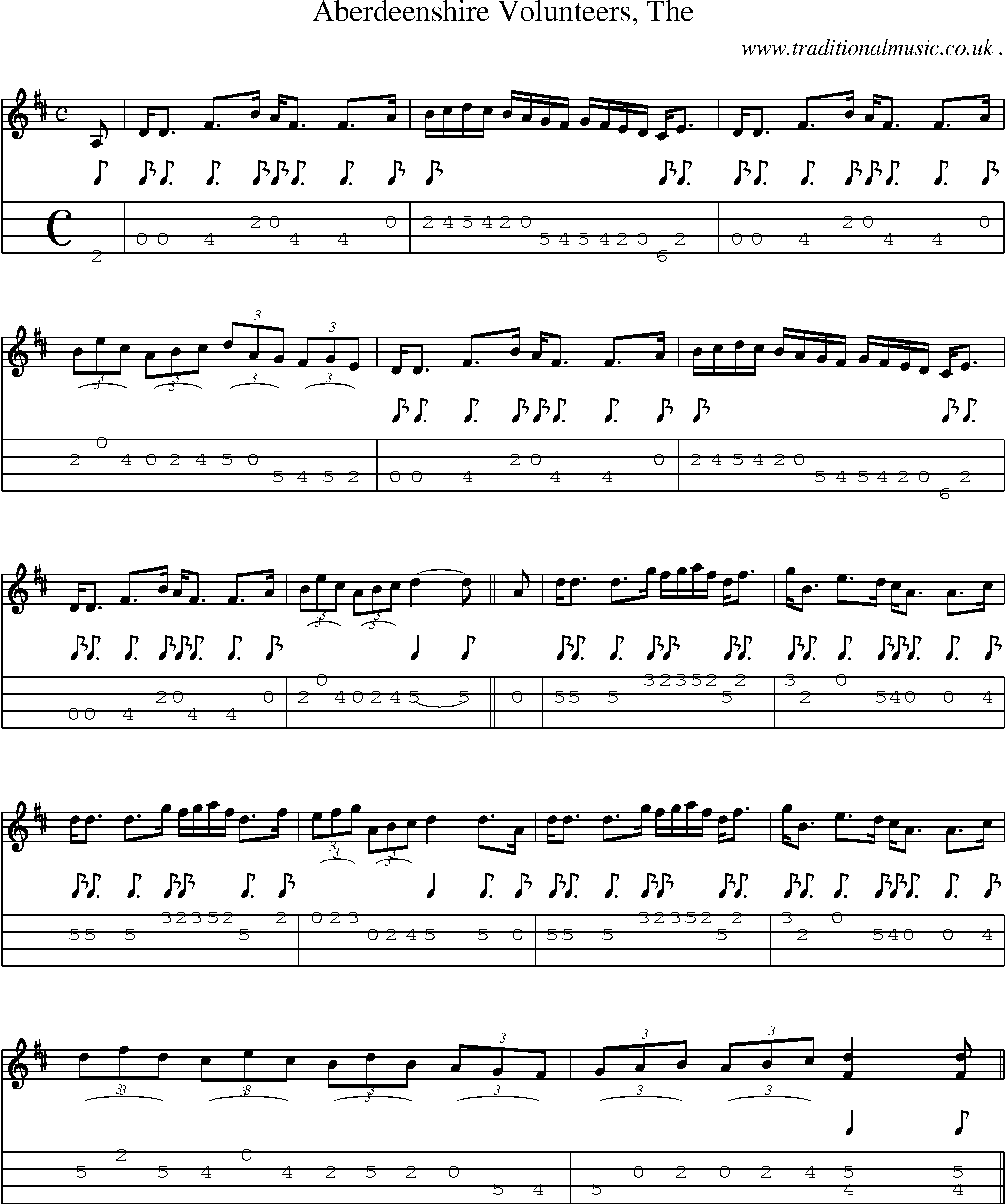 Sheet-music  score, Chords and Mandolin Tabs for Aberdeenshire Volunteers The