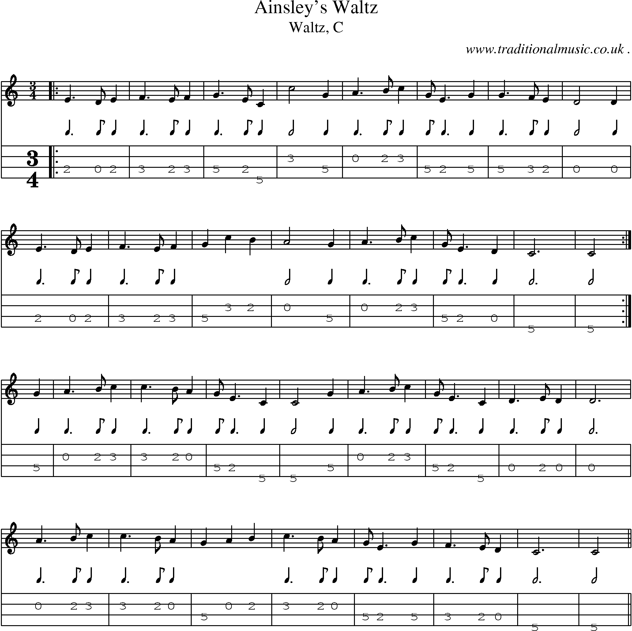 Sheet-music  score, Chords and Mandolin Tabs for Ainsleys Waltz