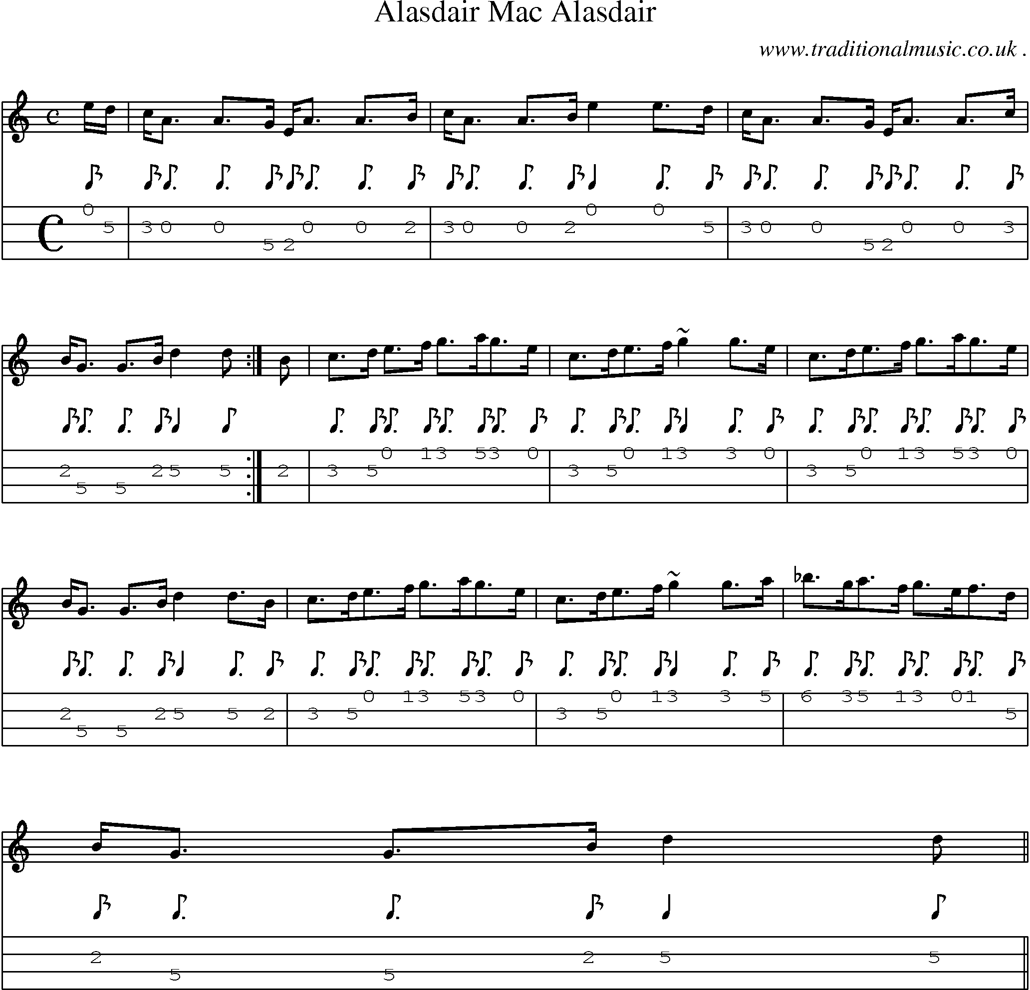 Sheet-music  score, Chords and Mandolin Tabs for Alasdair Mac Alasdair