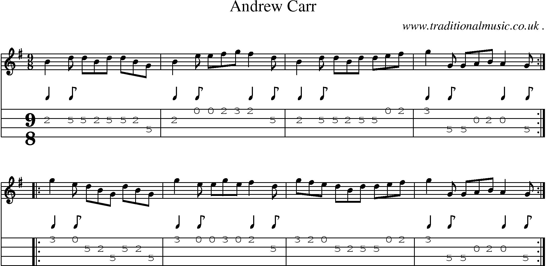 Sheet-music  score, Chords and Mandolin Tabs for Andrew Carr