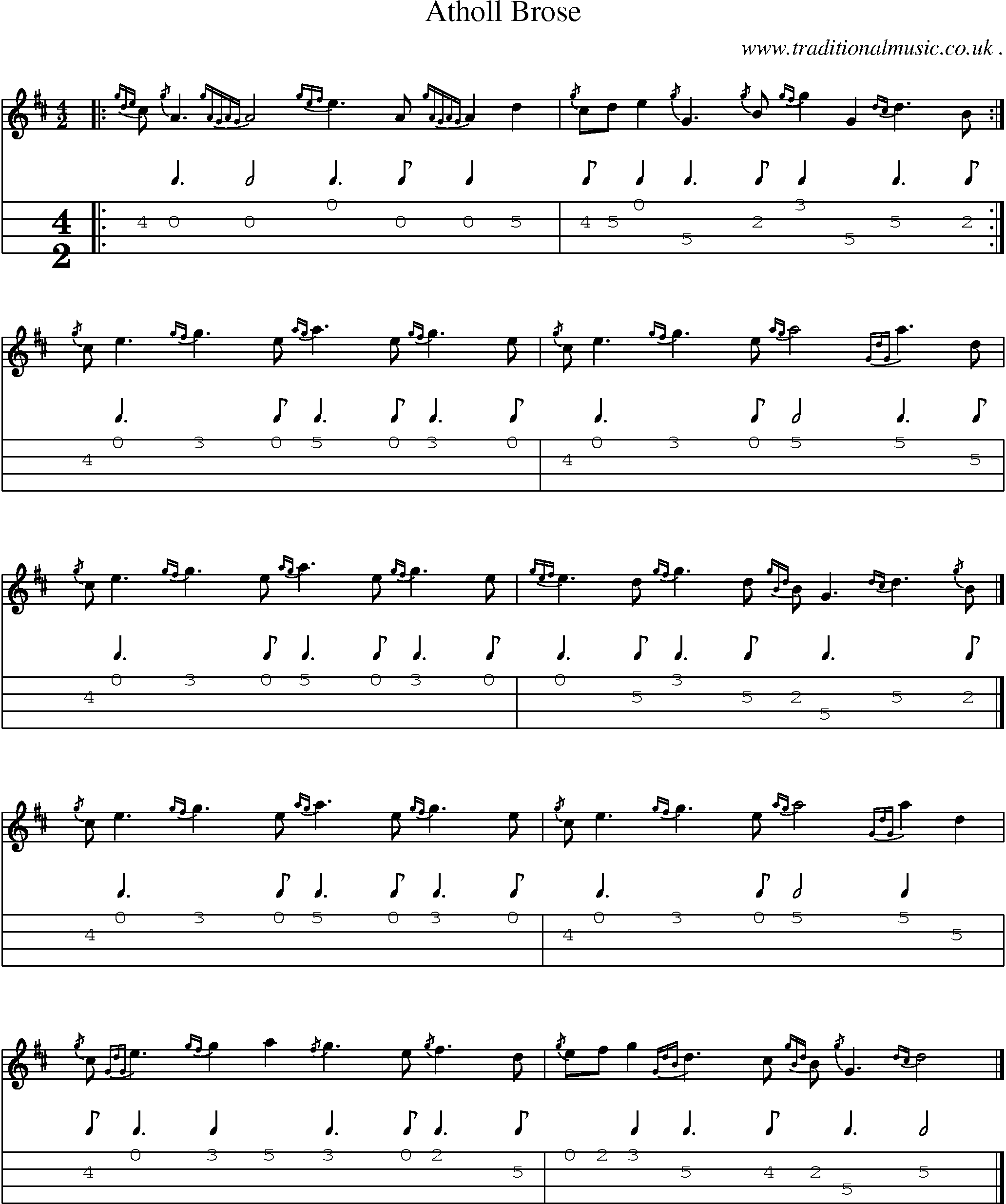Sheet-music  score, Chords and Mandolin Tabs for Atholl Brose