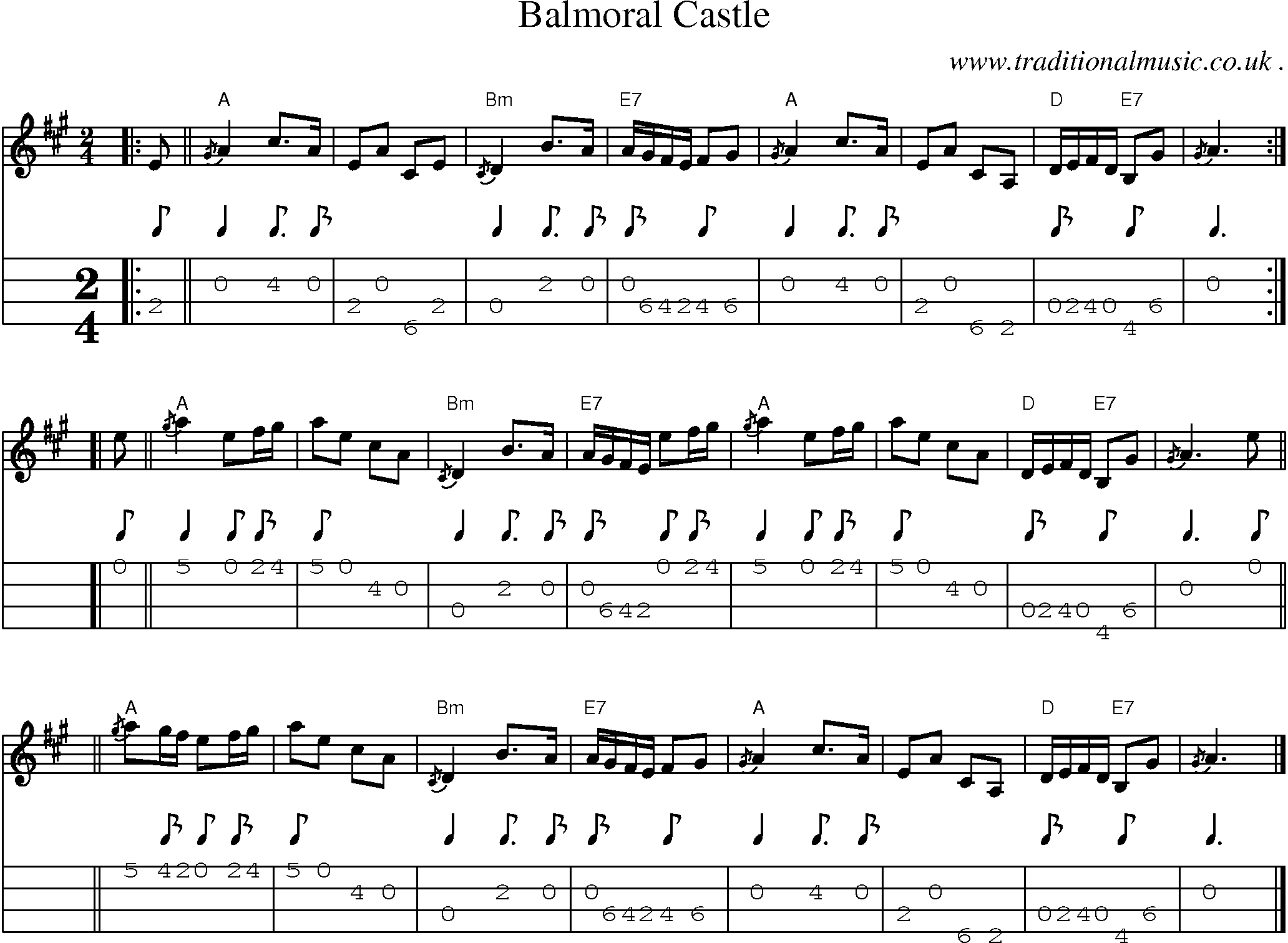 Sheet-music  score, Chords and Mandolin Tabs for Balmoral Castle