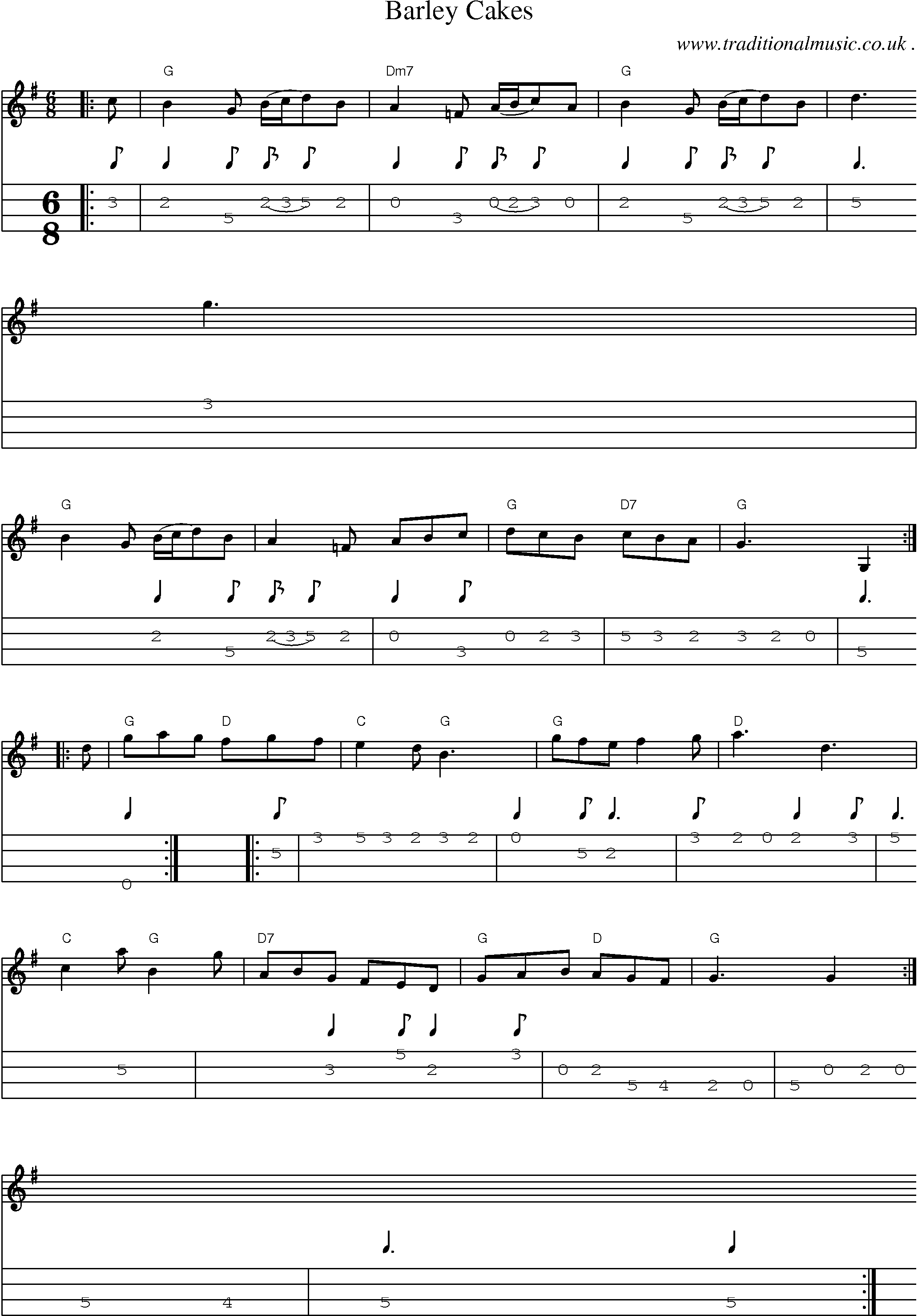 Sheet-music  score, Chords and Mandolin Tabs for Barley Cakes