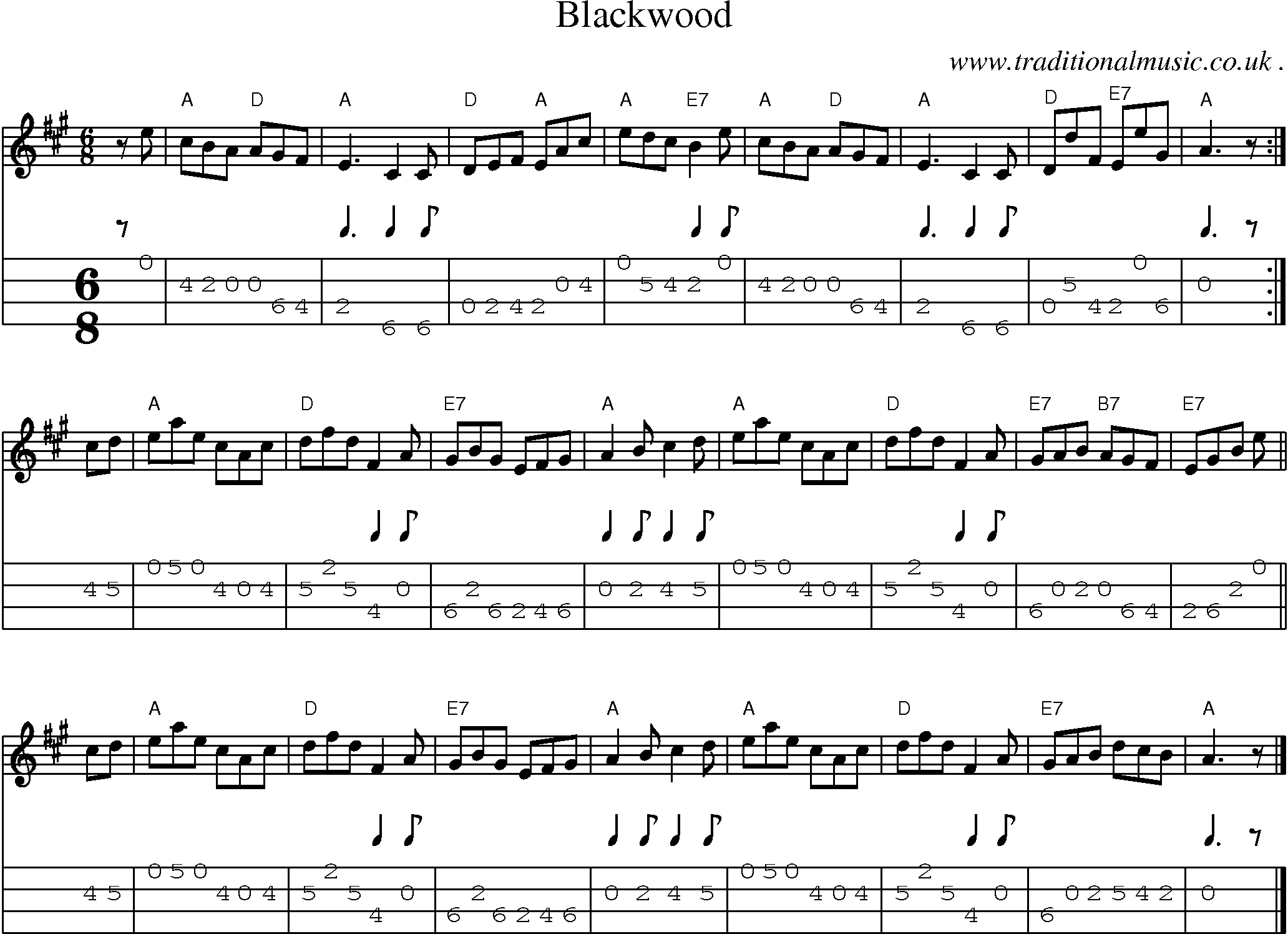 Sheet-music  score, Chords and Mandolin Tabs for Blackwood