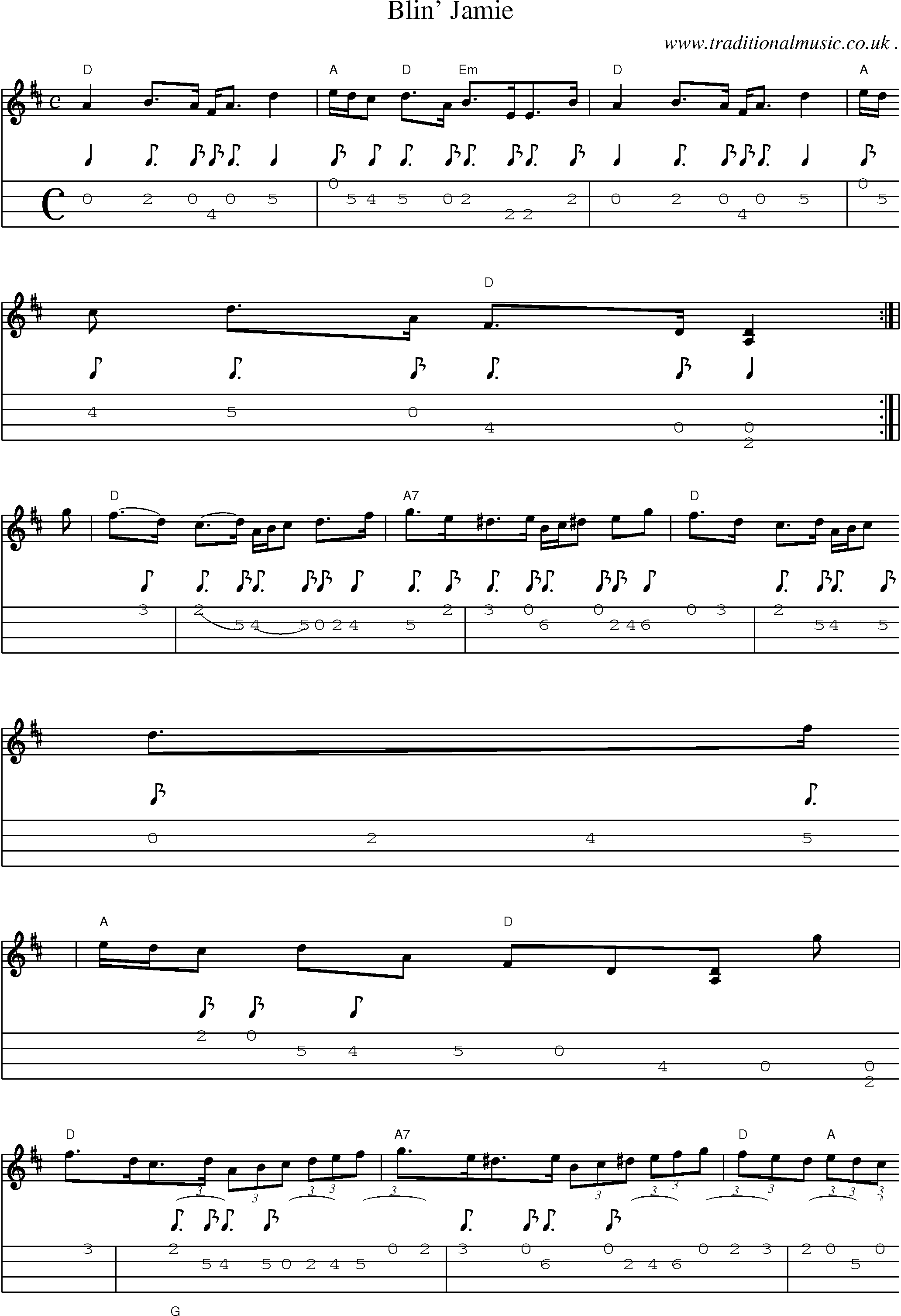 Sheet-music  score, Chords and Mandolin Tabs for Blin Jamie