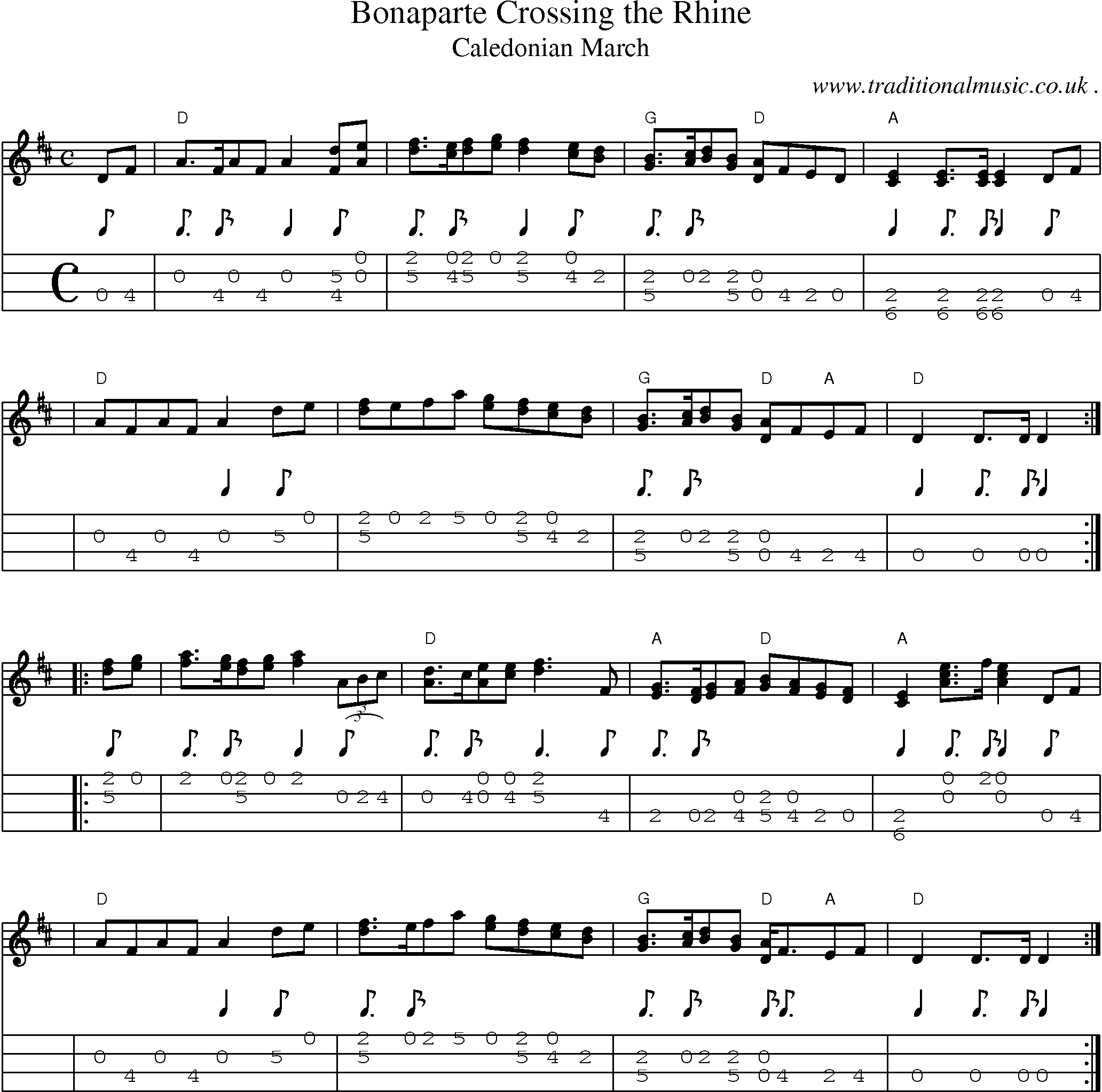 Sheet-music  score, Chords and Mandolin Tabs for Bonaparte Crossing The Rhine