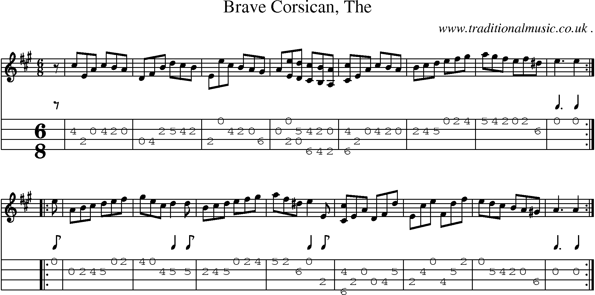 Sheet-music  score, Chords and Mandolin Tabs for Brave Corsican The