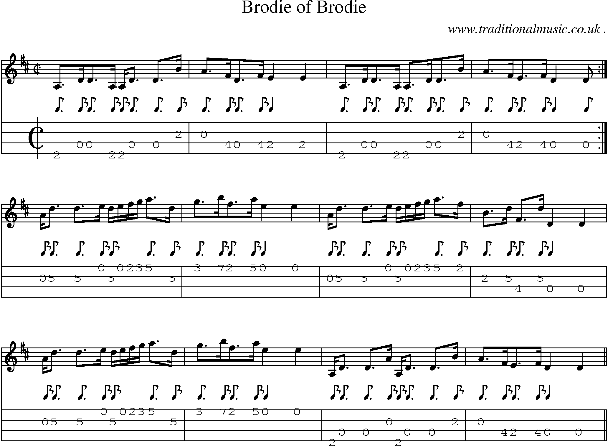 Sheet-music  score, Chords and Mandolin Tabs for Brodie Of Brodie