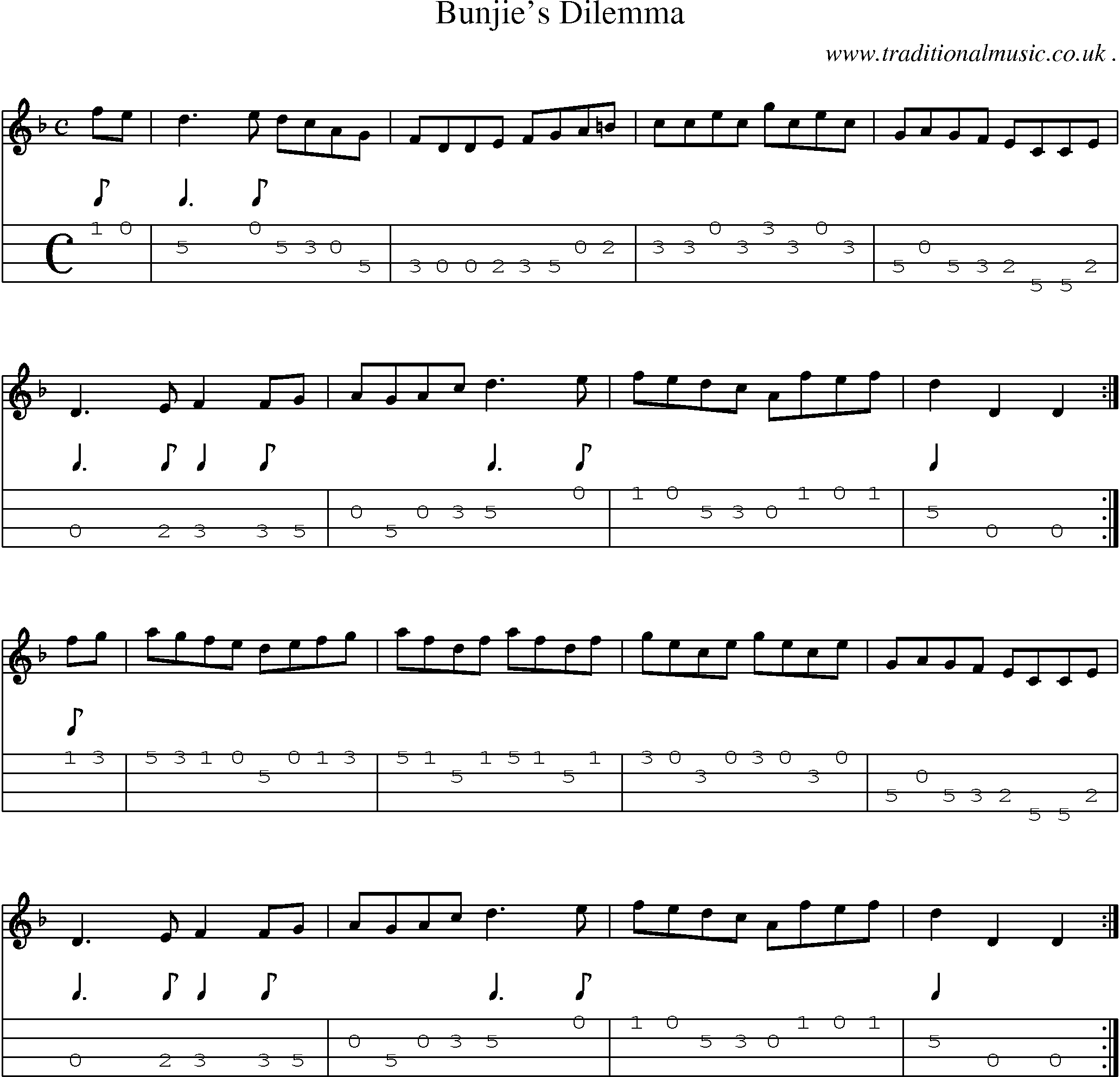 Sheet-music  score, Chords and Mandolin Tabs for Bunjies Dilemma