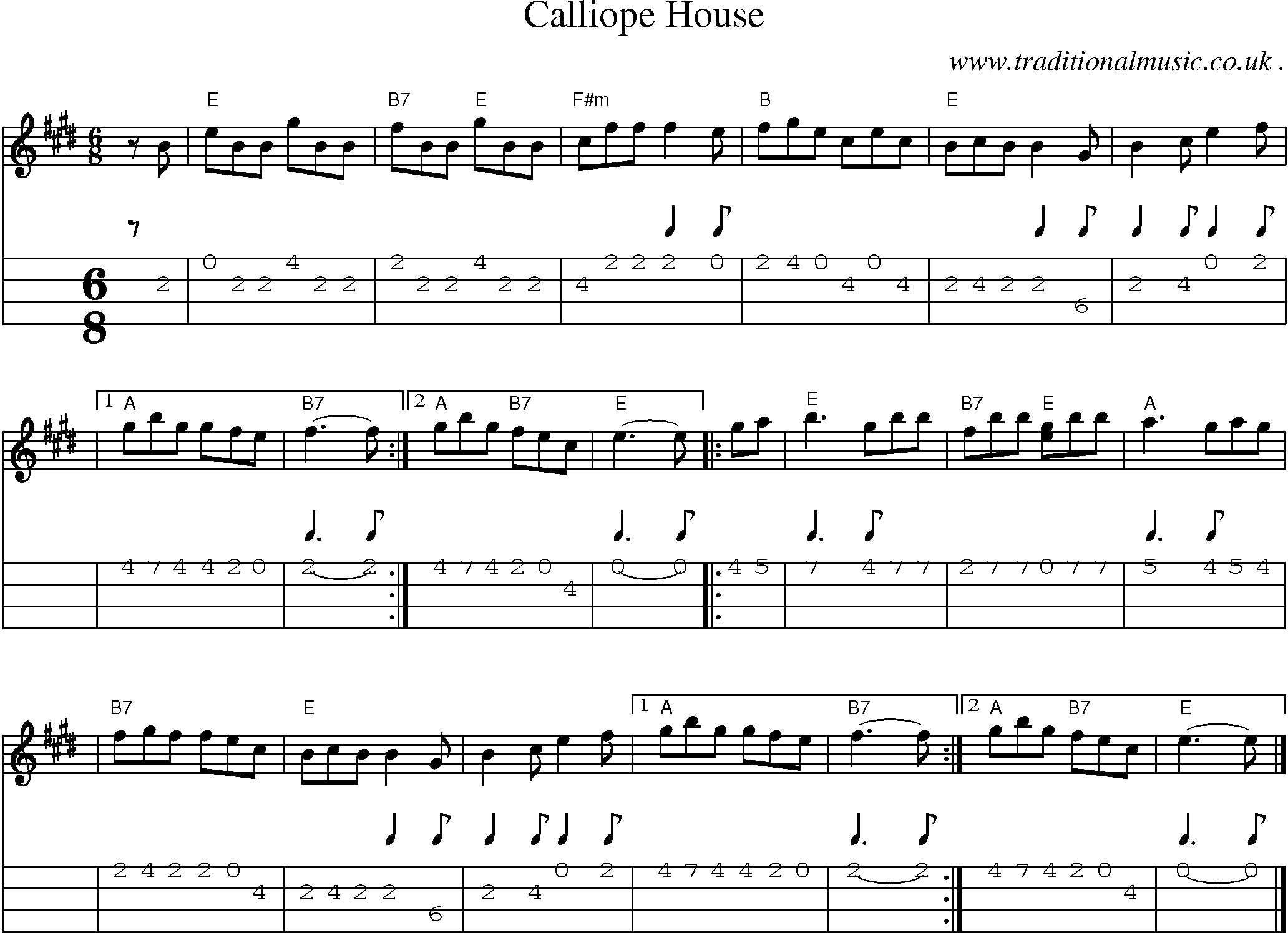 Sheet-music  score, Chords and Mandolin Tabs for Calliope House