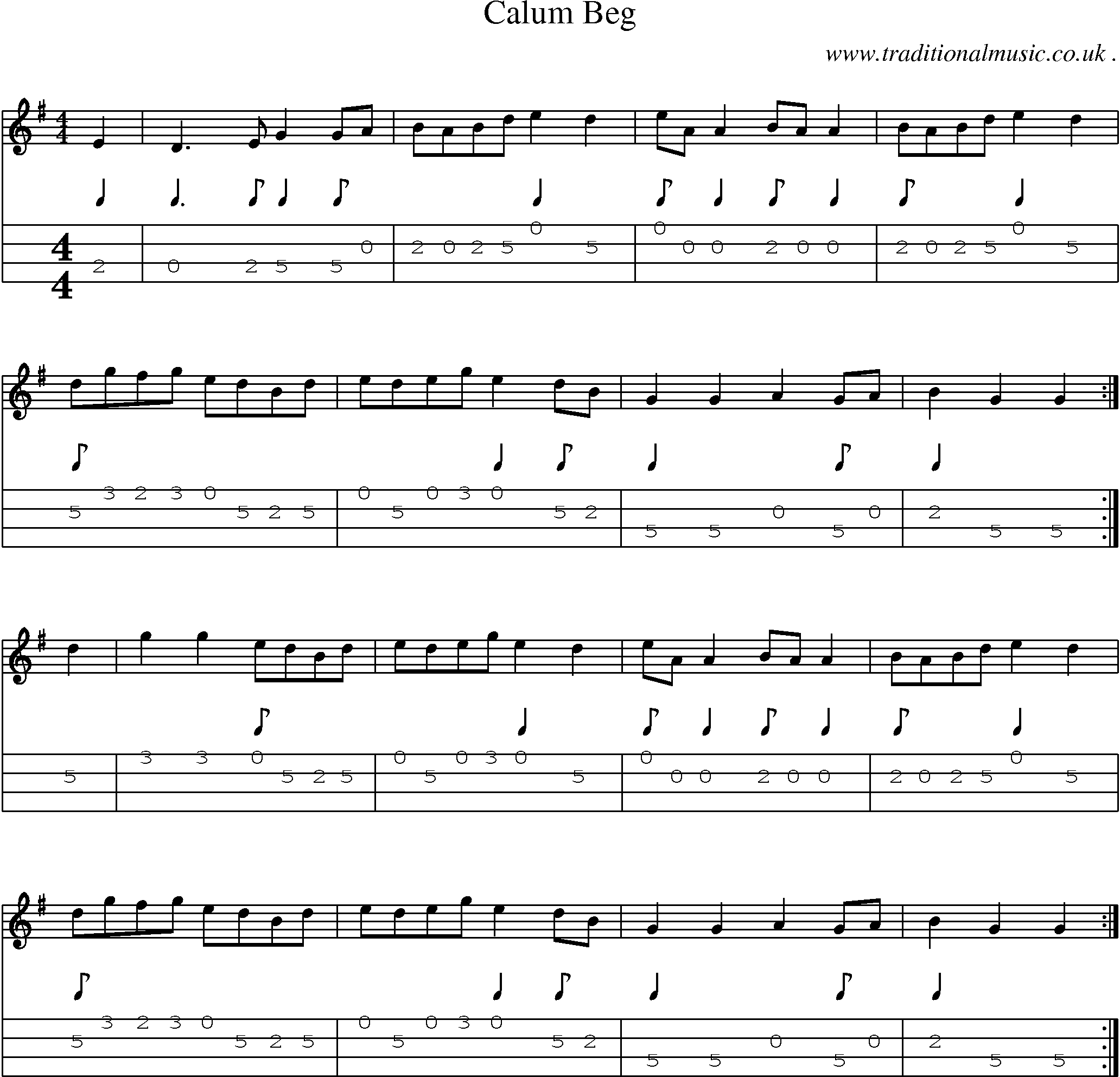 Sheet-music  score, Chords and Mandolin Tabs for Calum Beg