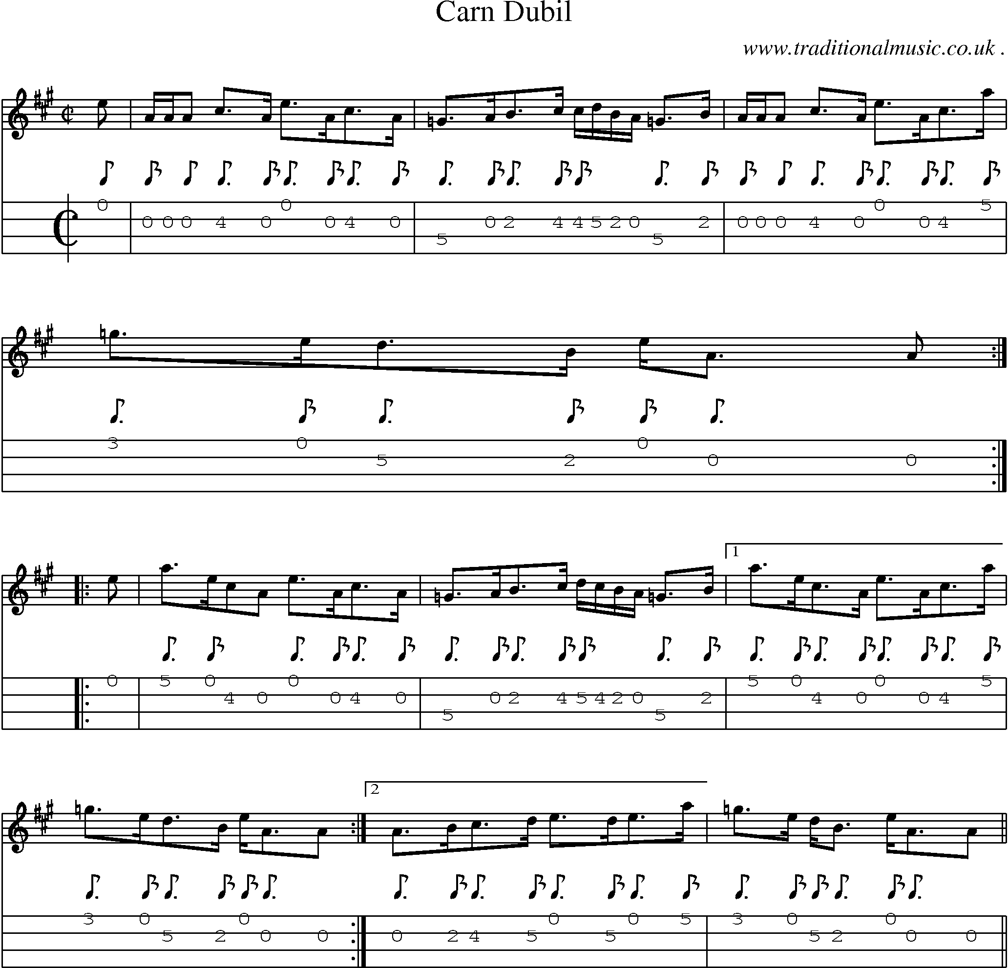Sheet-music  score, Chords and Mandolin Tabs for Carn Dubil