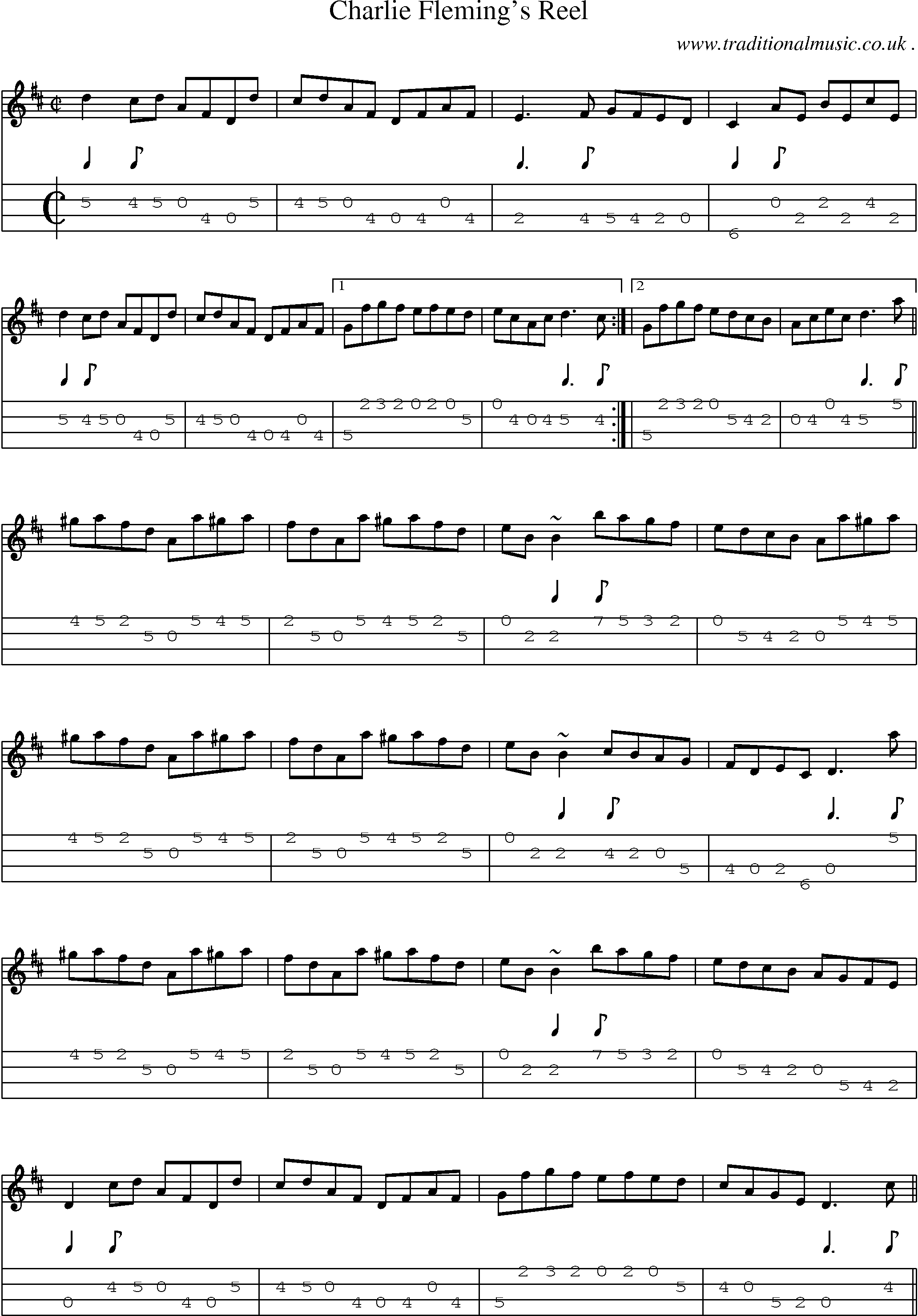 Sheet-music  score, Chords and Mandolin Tabs for Charlie Flemings Reel