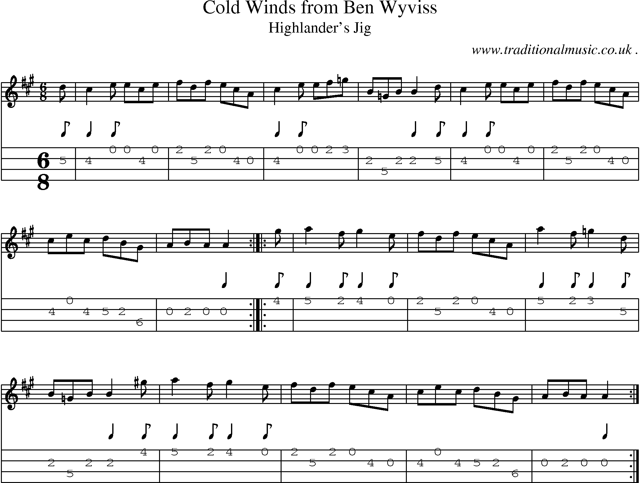 Sheet-music  score, Chords and Mandolin Tabs for Cold Winds From Ben Wyviss