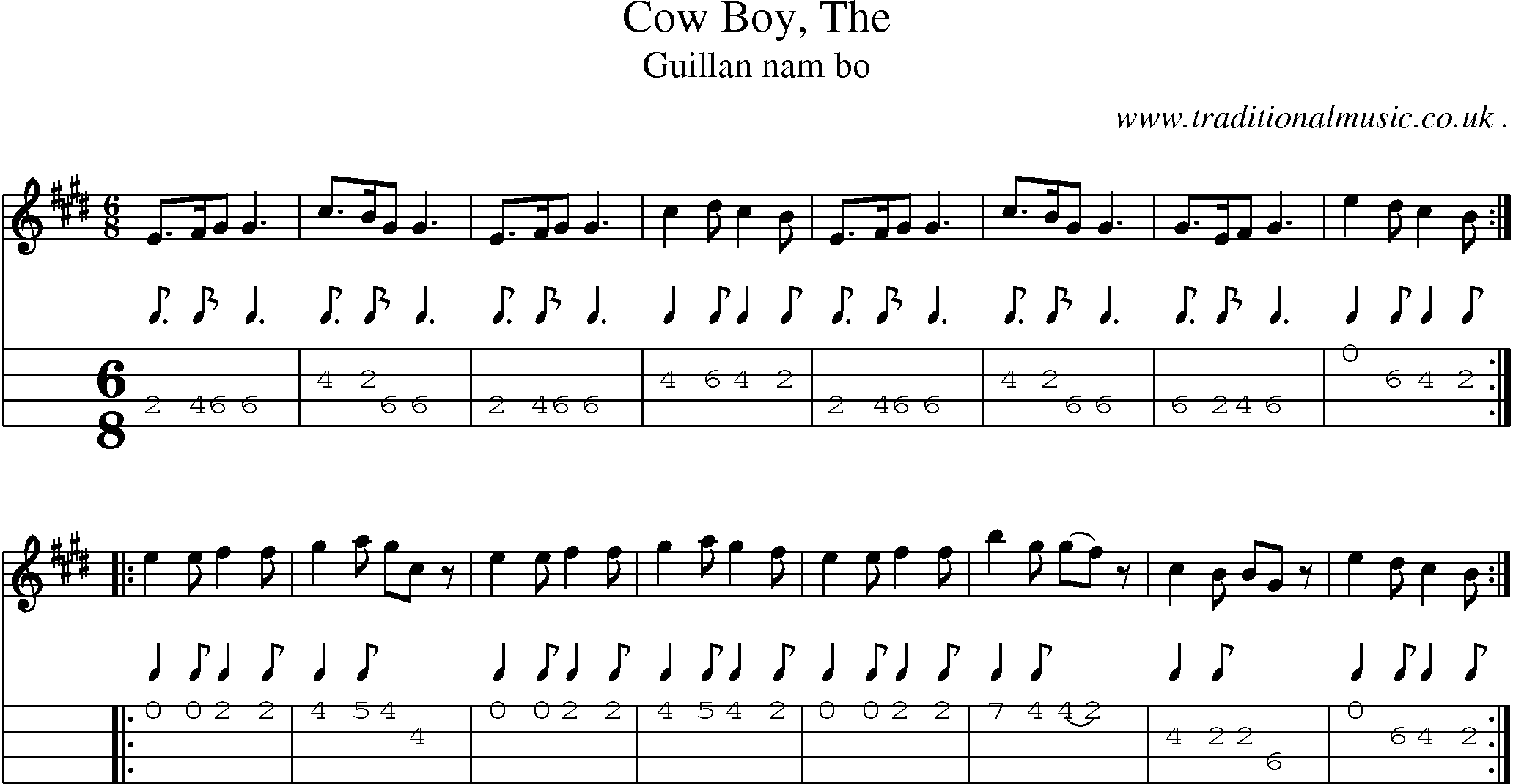 Sheet-music  score, Chords and Mandolin Tabs for Cow Boy The