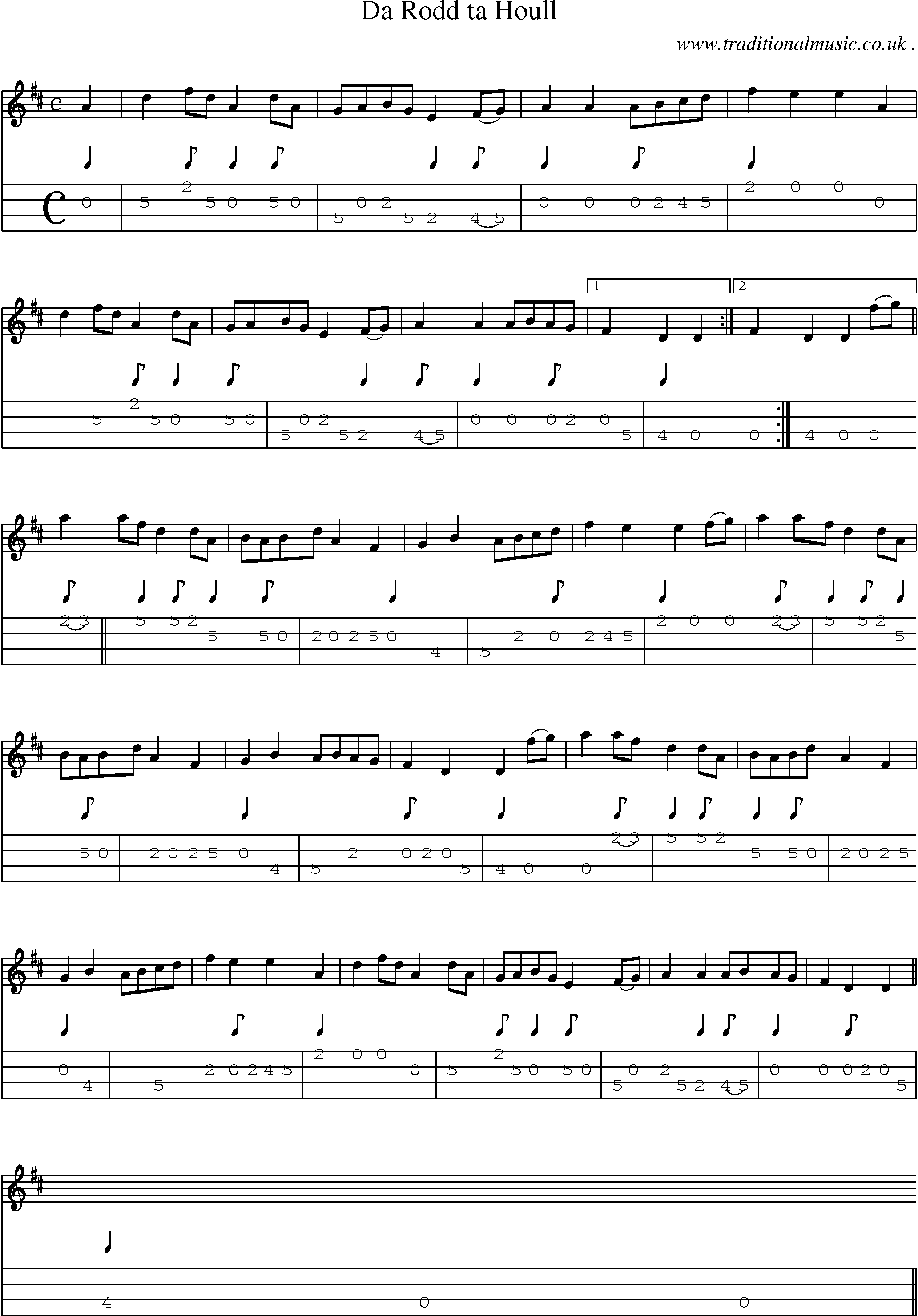 Sheet-music  score, Chords and Mandolin Tabs for Da Rodd Ta Houll