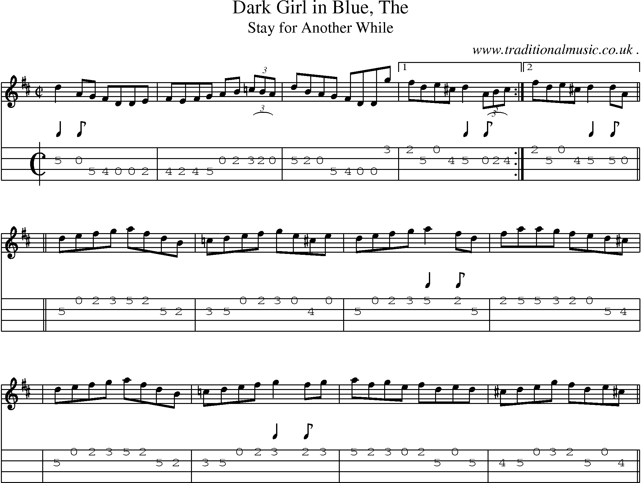 Sheet-music  score, Chords and Mandolin Tabs for Dark Girl In Blue The