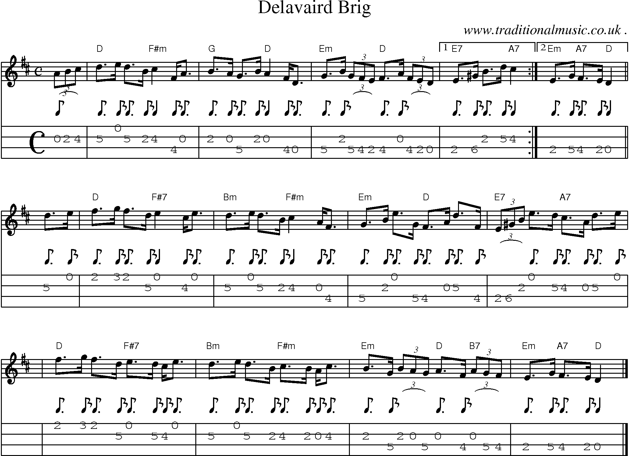 Sheet-music  score, Chords and Mandolin Tabs for Delavaird Brig