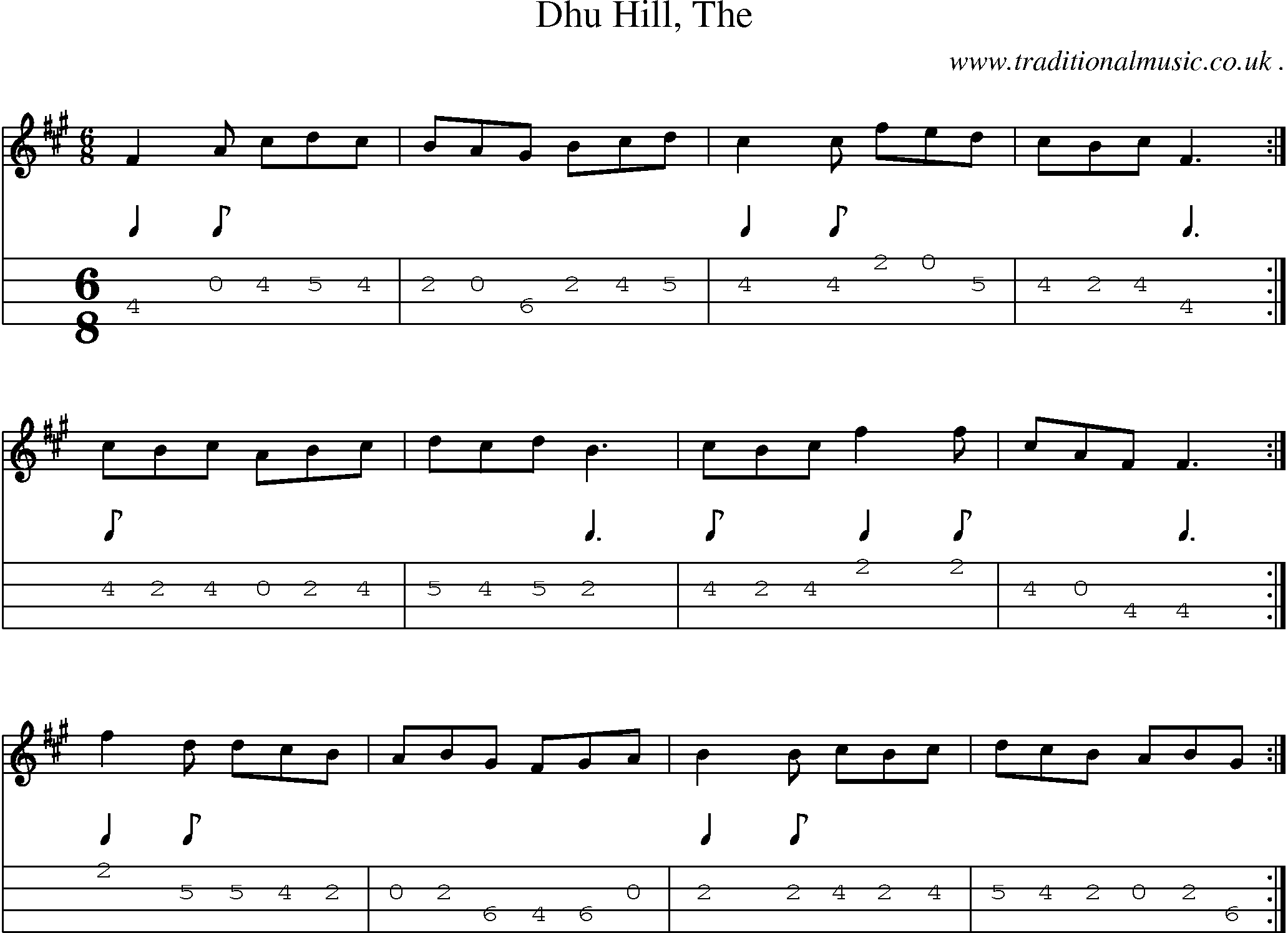 Sheet-music  score, Chords and Mandolin Tabs for Dhu Hill The