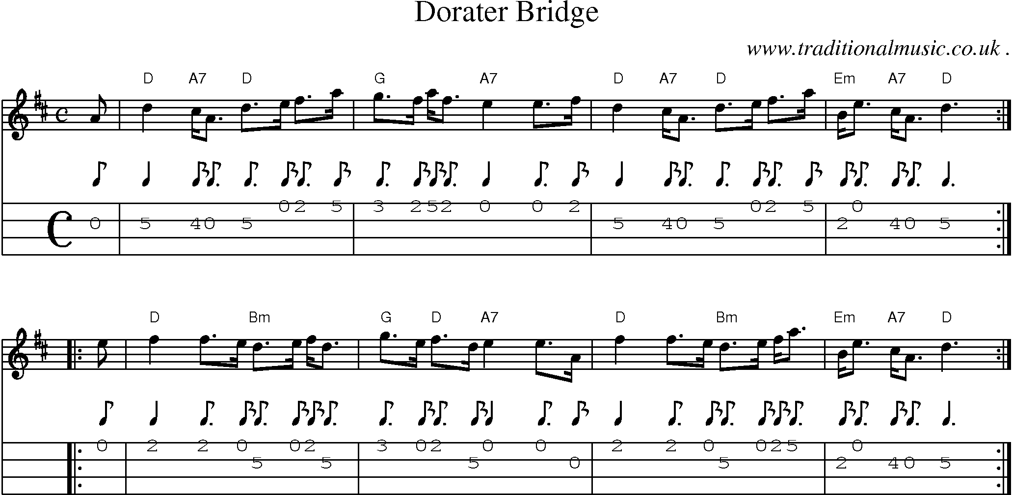 Sheet-music  score, Chords and Mandolin Tabs for Dorater Bridge