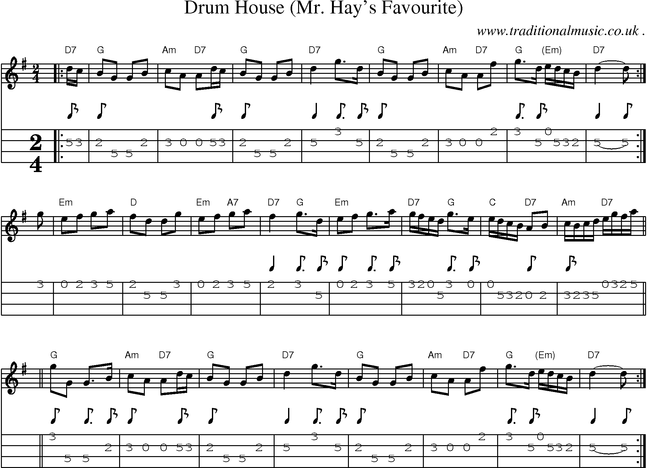Sheet-music  score, Chords and Mandolin Tabs for Drum House Mr Hays Favourite