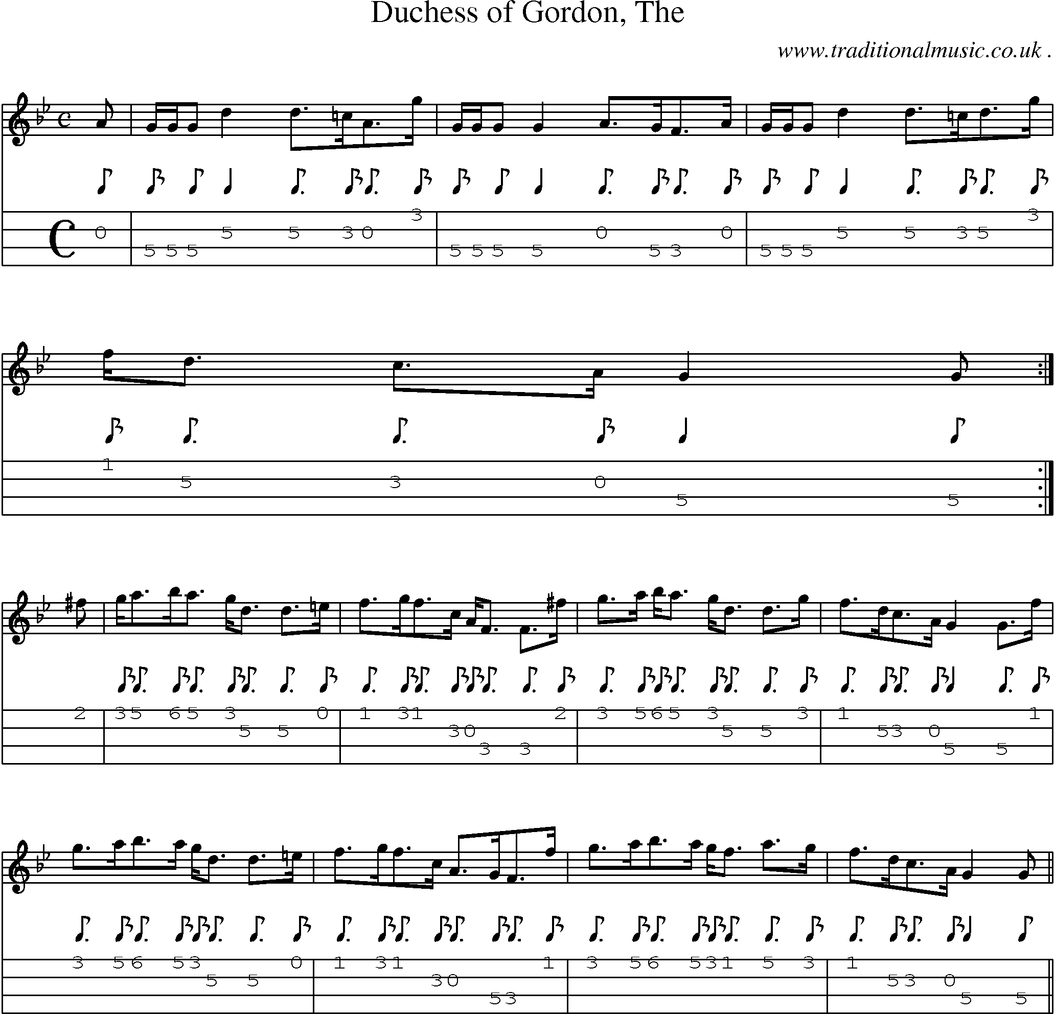 Sheet-music  score, Chords and Mandolin Tabs for Duchess Of Gordon The