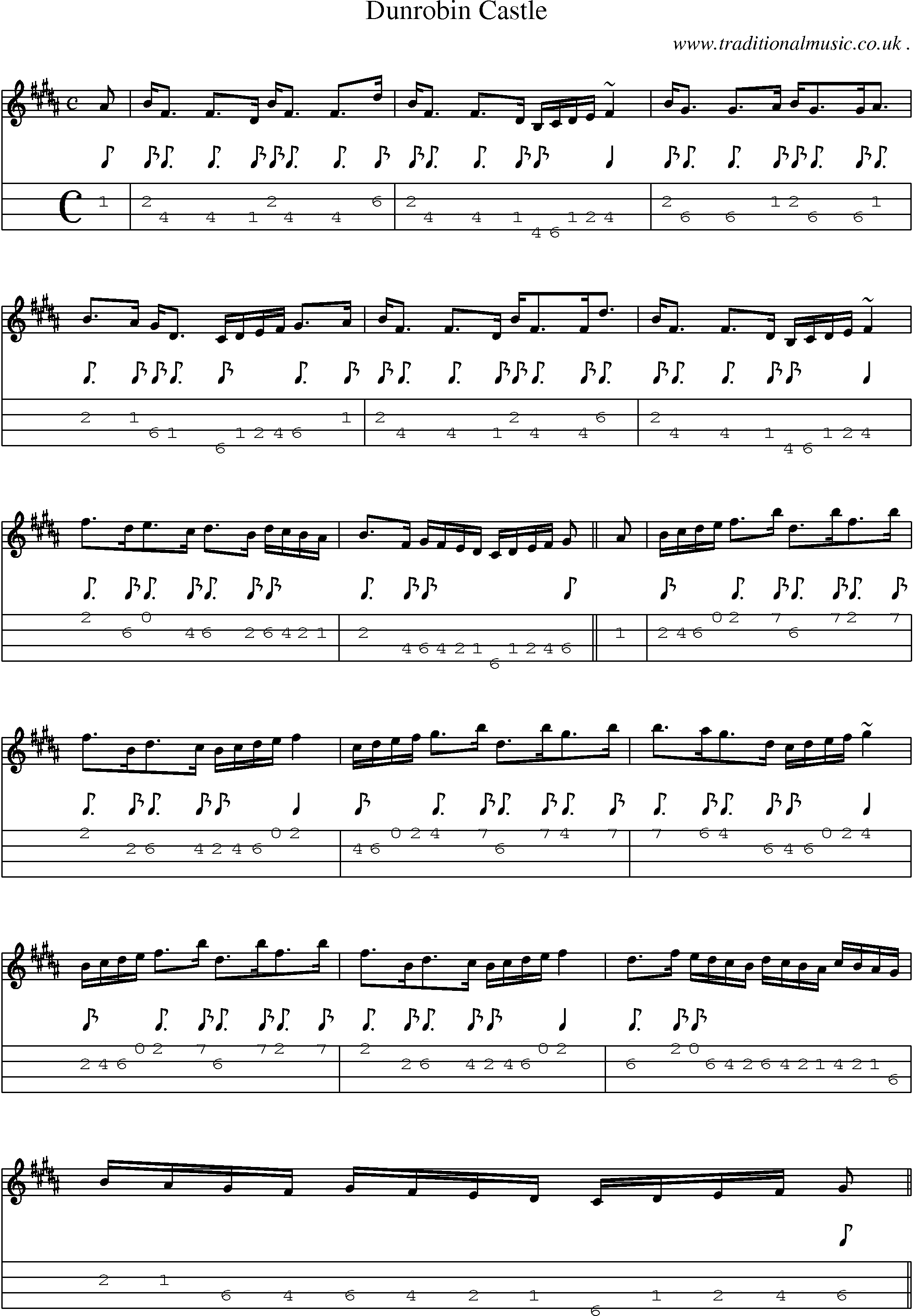 Sheet-music  score, Chords and Mandolin Tabs for Dunrobin Castle