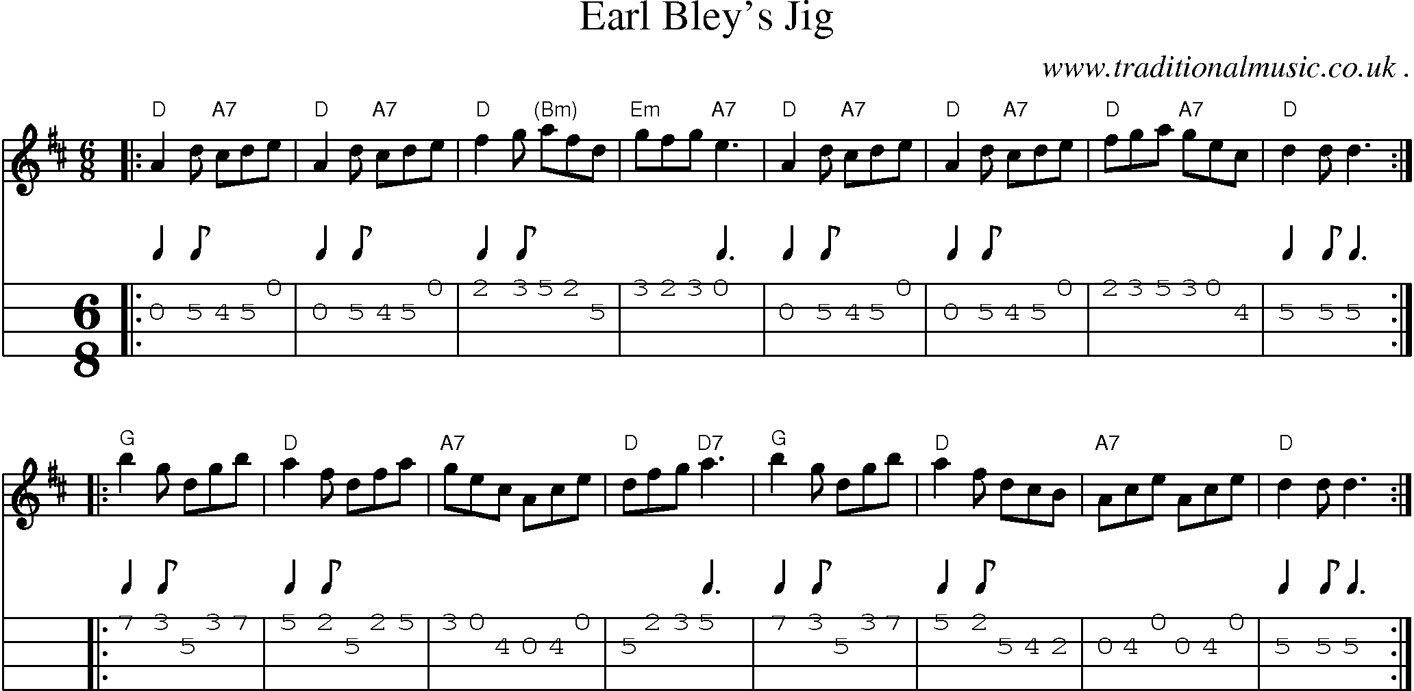 Sheet-music  score, Chords and Mandolin Tabs for Earl Bleys Jig