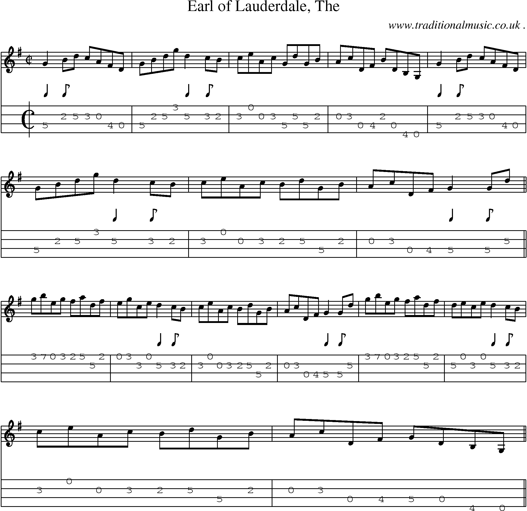 Sheet-music  score, Chords and Mandolin Tabs for Earl Of Lauderdale The