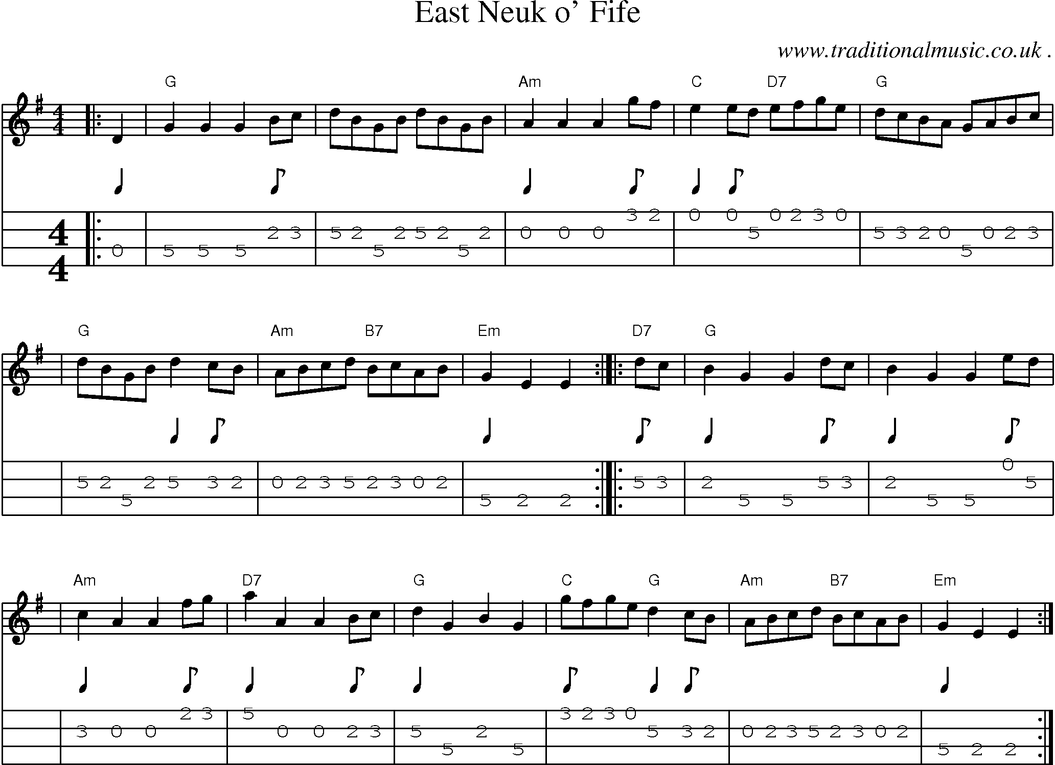 Sheet-music  score, Chords and Mandolin Tabs for East Neuk O Fife