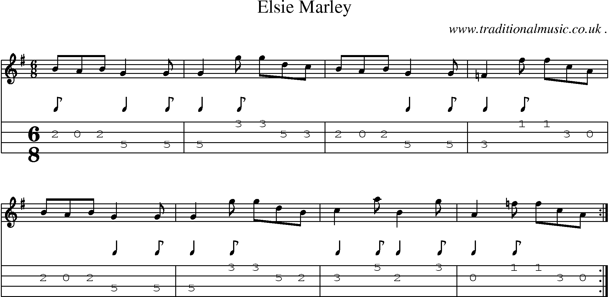 Sheet-music  score, Chords and Mandolin Tabs for Elsie Marley