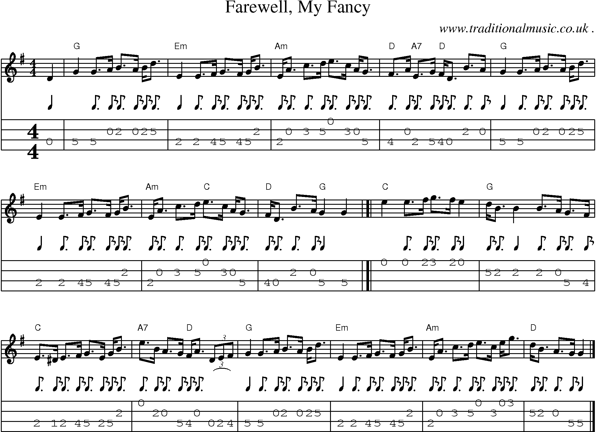Sheet-music  score, Chords and Mandolin Tabs for Farewell My Fancy