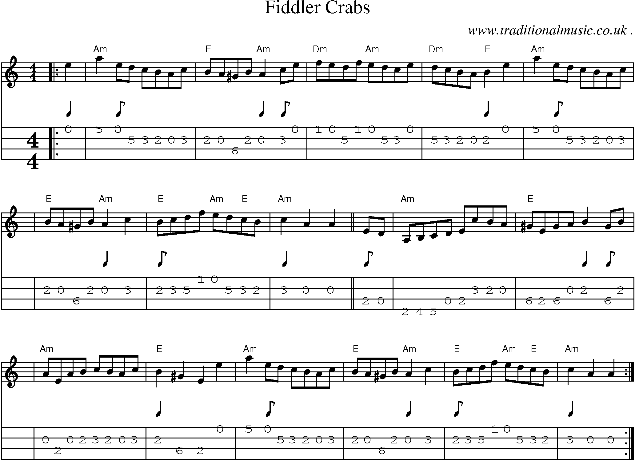Sheet-music  score, Chords and Mandolin Tabs for Fiddler Crabs
