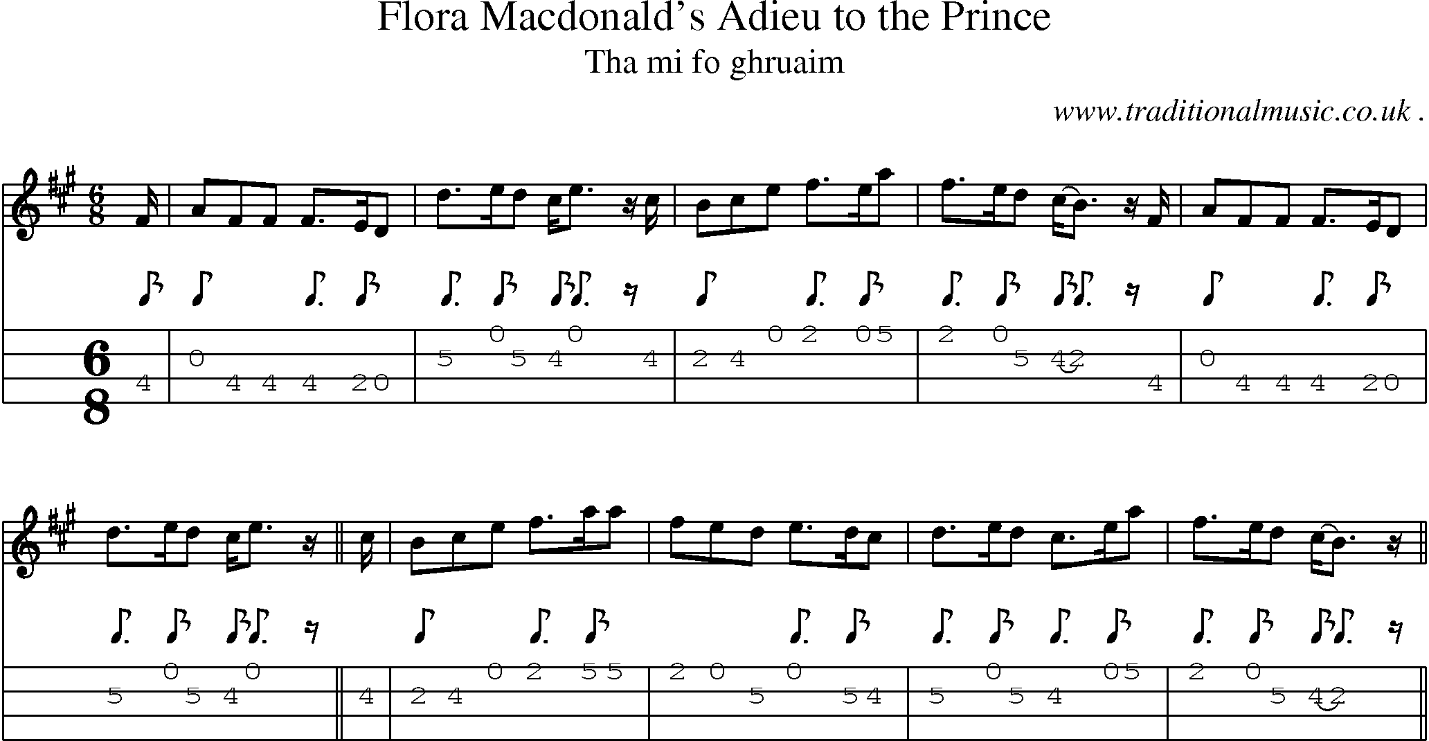 Sheet-music  score, Chords and Mandolin Tabs for Flora Macdonalds Adieu To The Prince