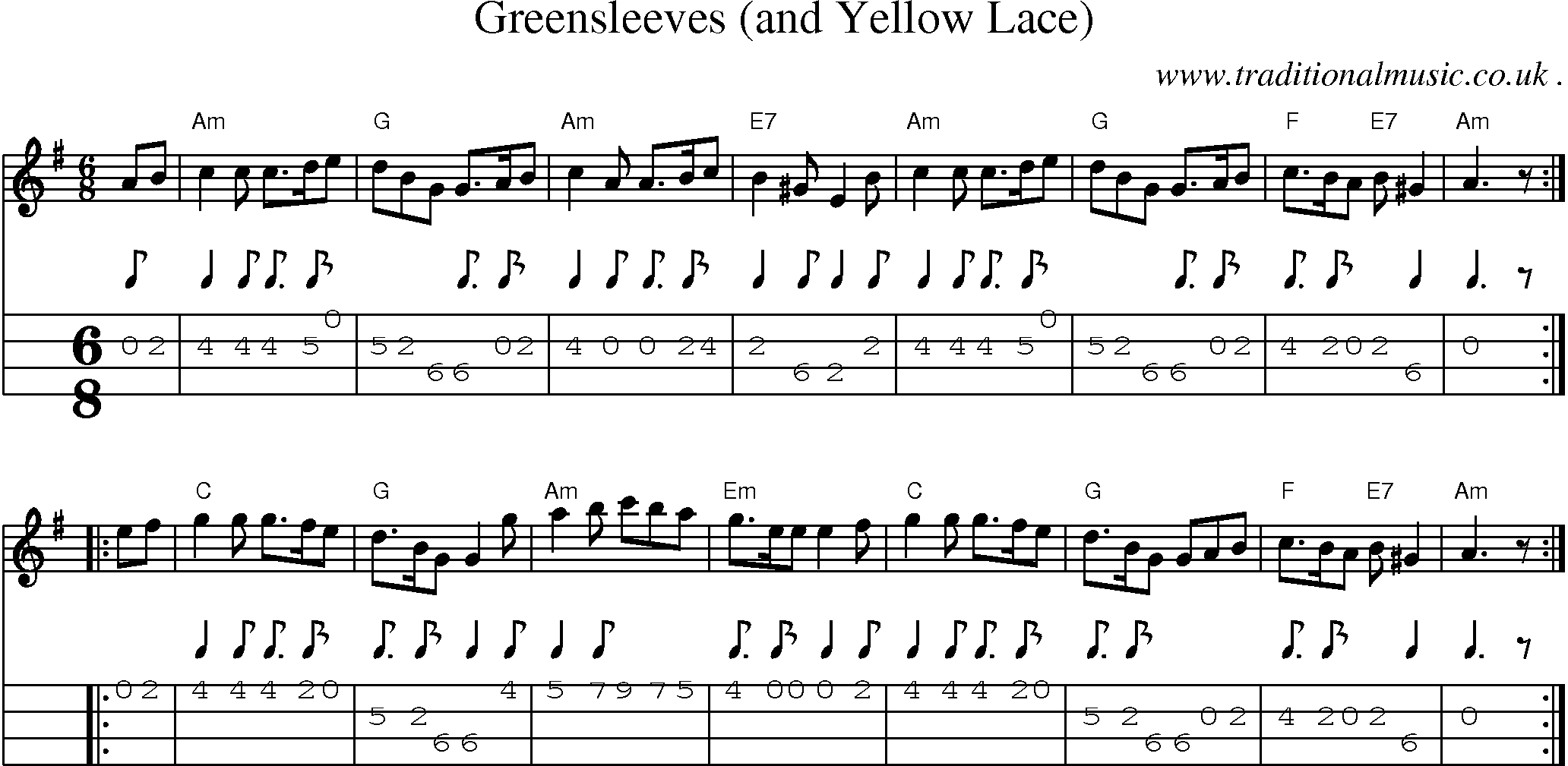 Sheet-music  score, Chords and Mandolin Tabs for Greensleeves And Yellow Lace