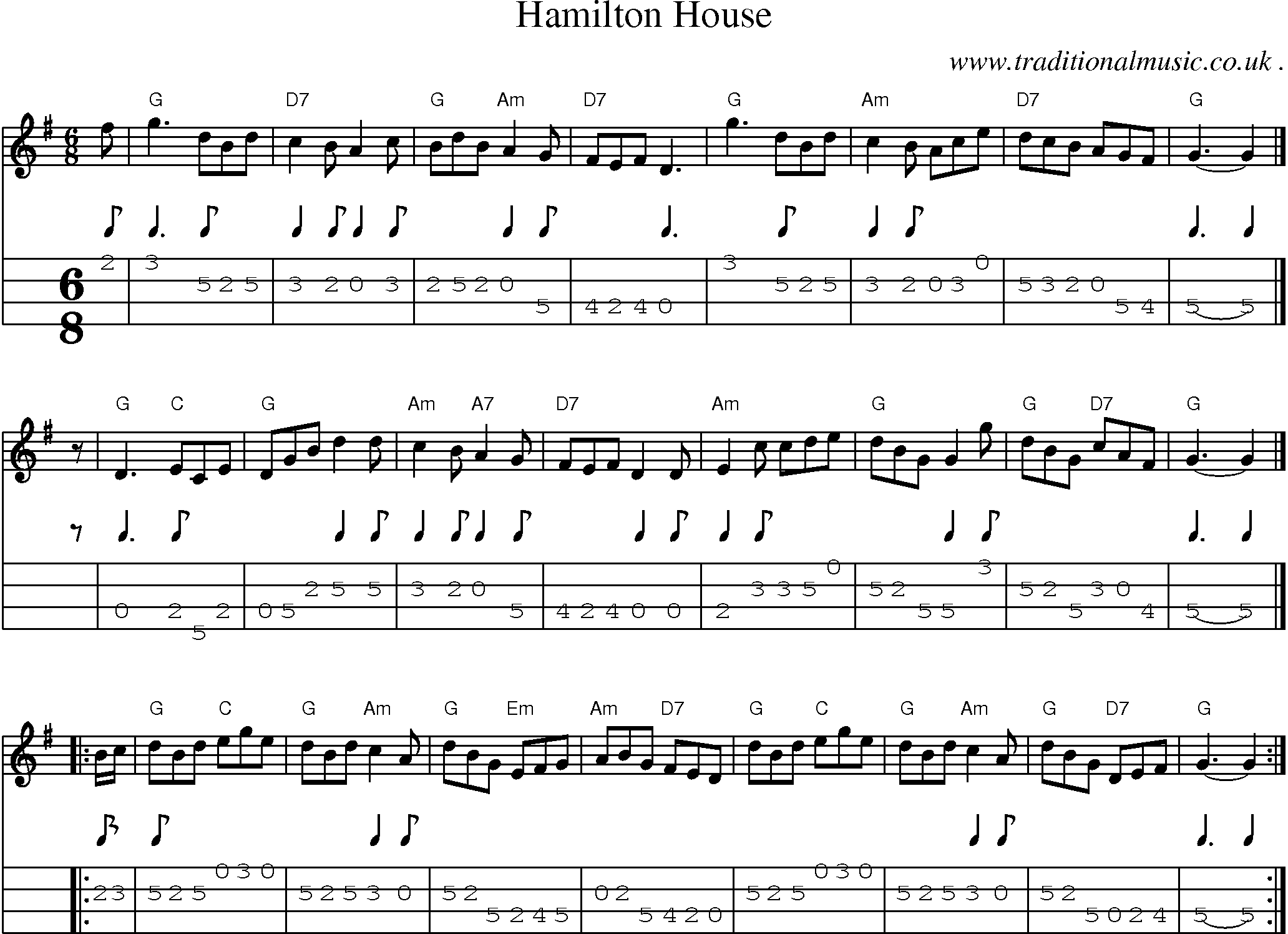Sheet-music  score, Chords and Mandolin Tabs for Hamilton House