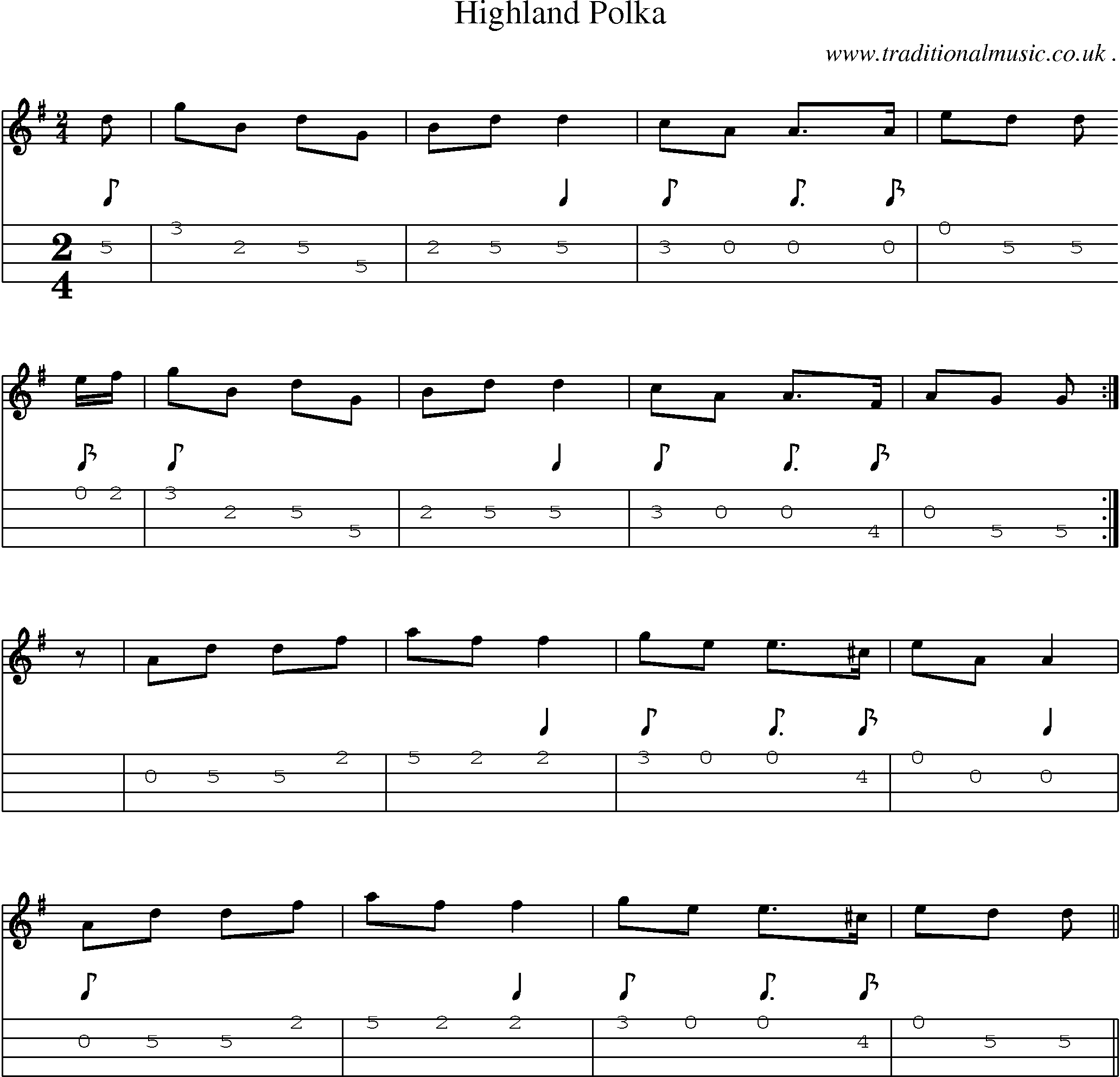 Sheet-music  score, Chords and Mandolin Tabs for Highland Polka