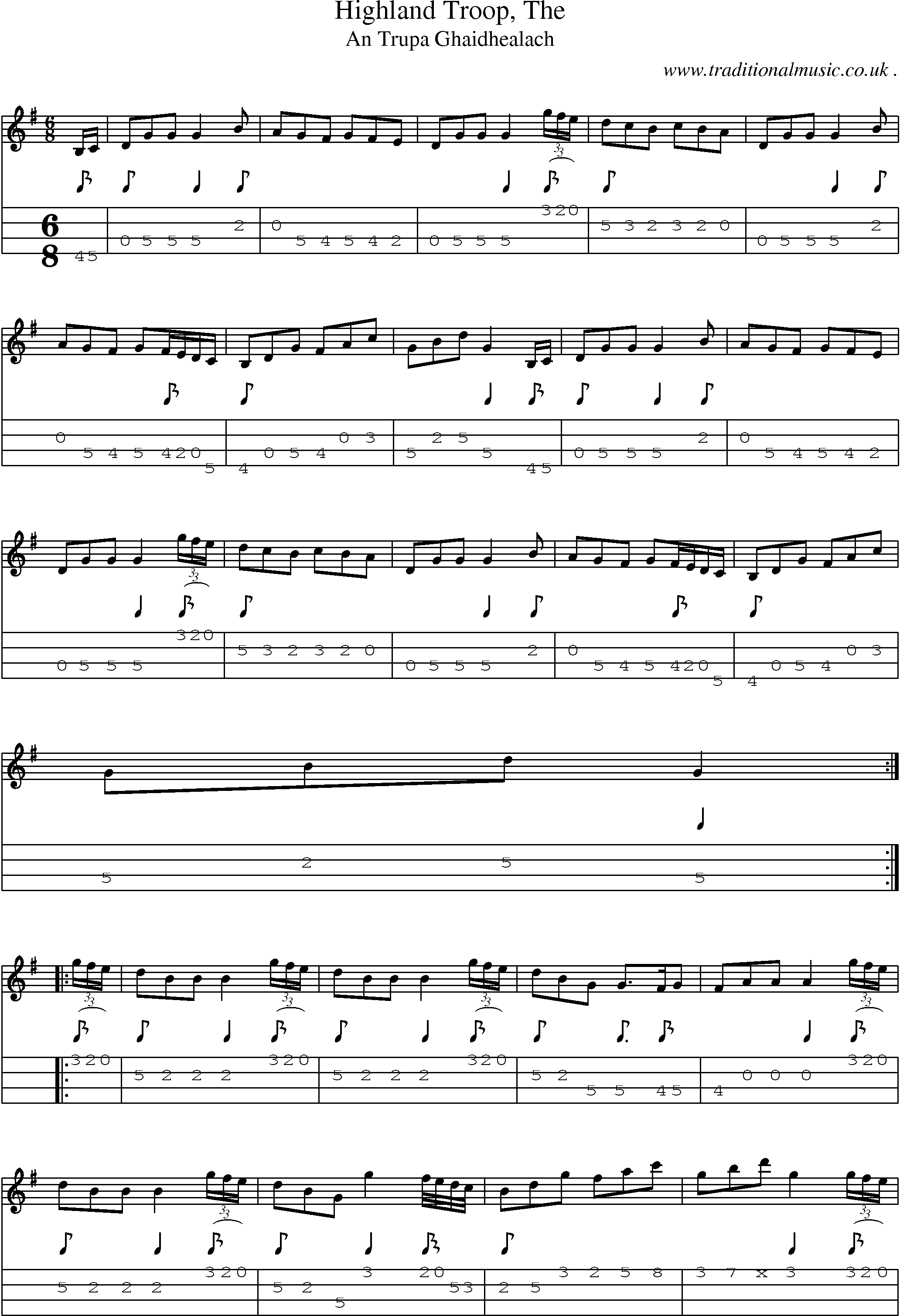 Sheet-music  score, Chords and Mandolin Tabs for Highland Troop The