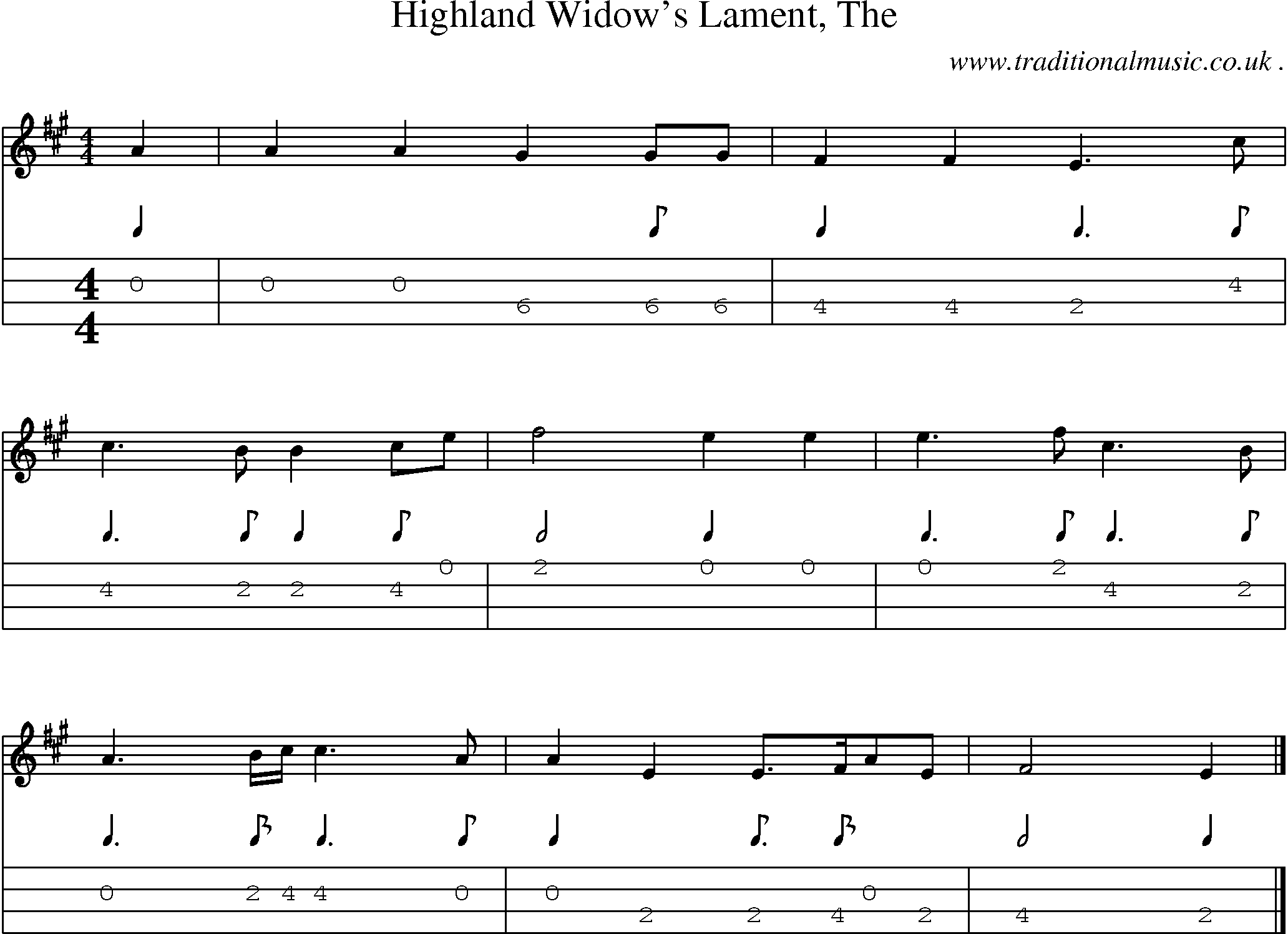 Sheet-music  score, Chords and Mandolin Tabs for Highland Widows Lament The