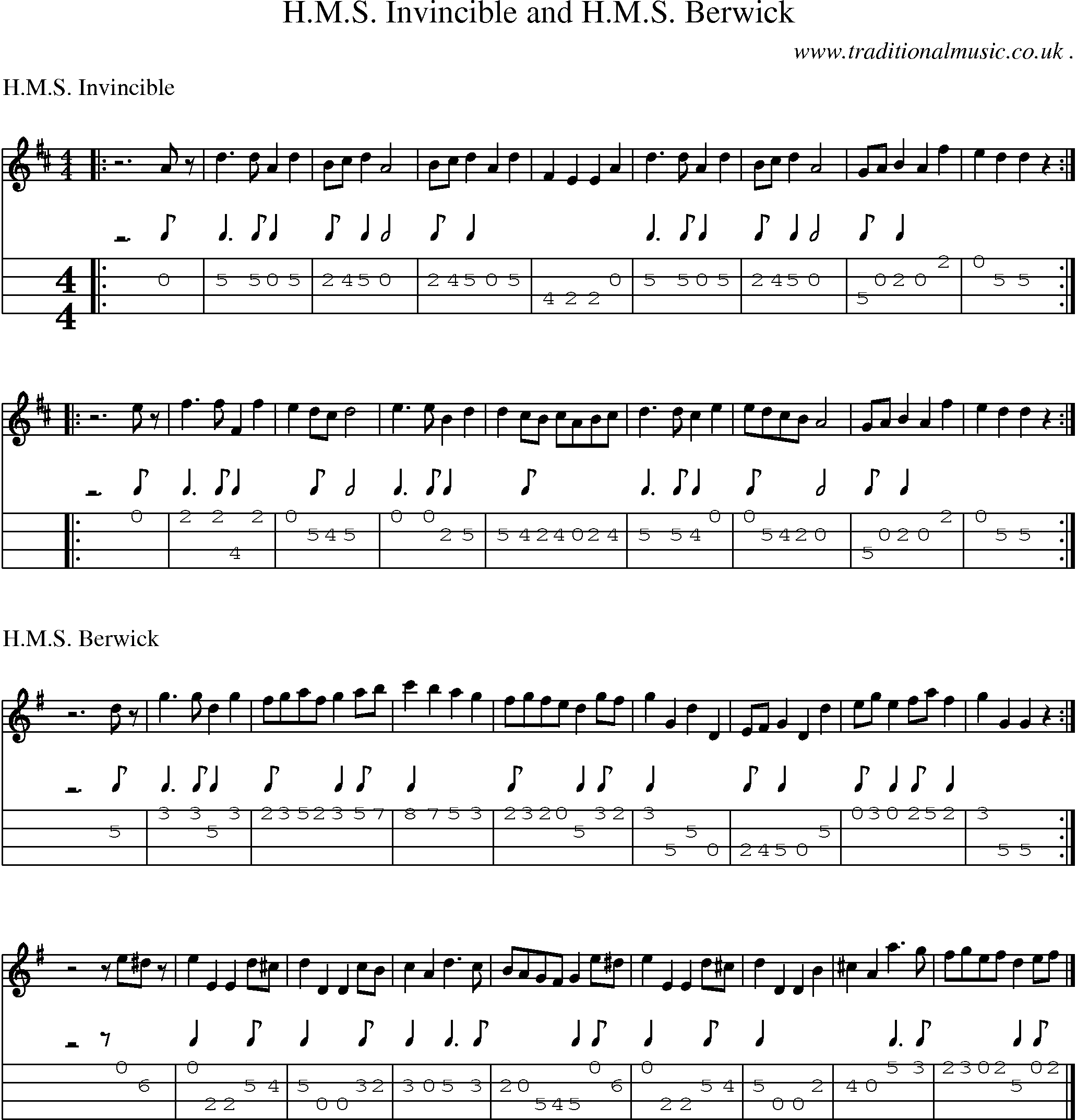 Sheet-music  score, Chords and Mandolin Tabs for Hms Invincible And Hms Berwick