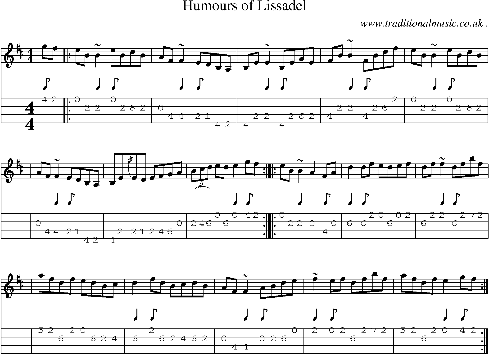 Sheet-music  score, Chords and Mandolin Tabs for Humours Of Lissadel