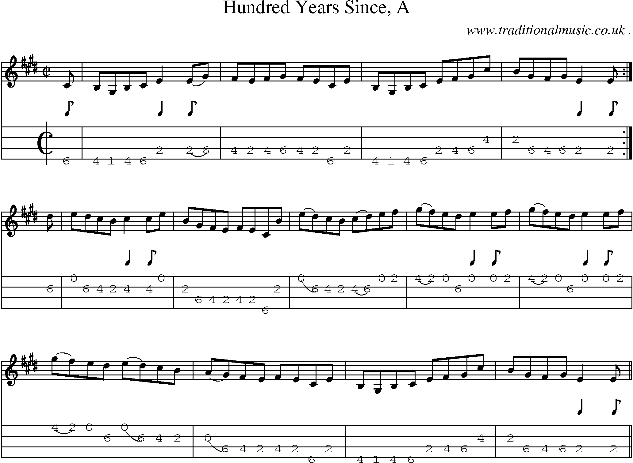 Sheet-music  score, Chords and Mandolin Tabs for Hundred Years Since A