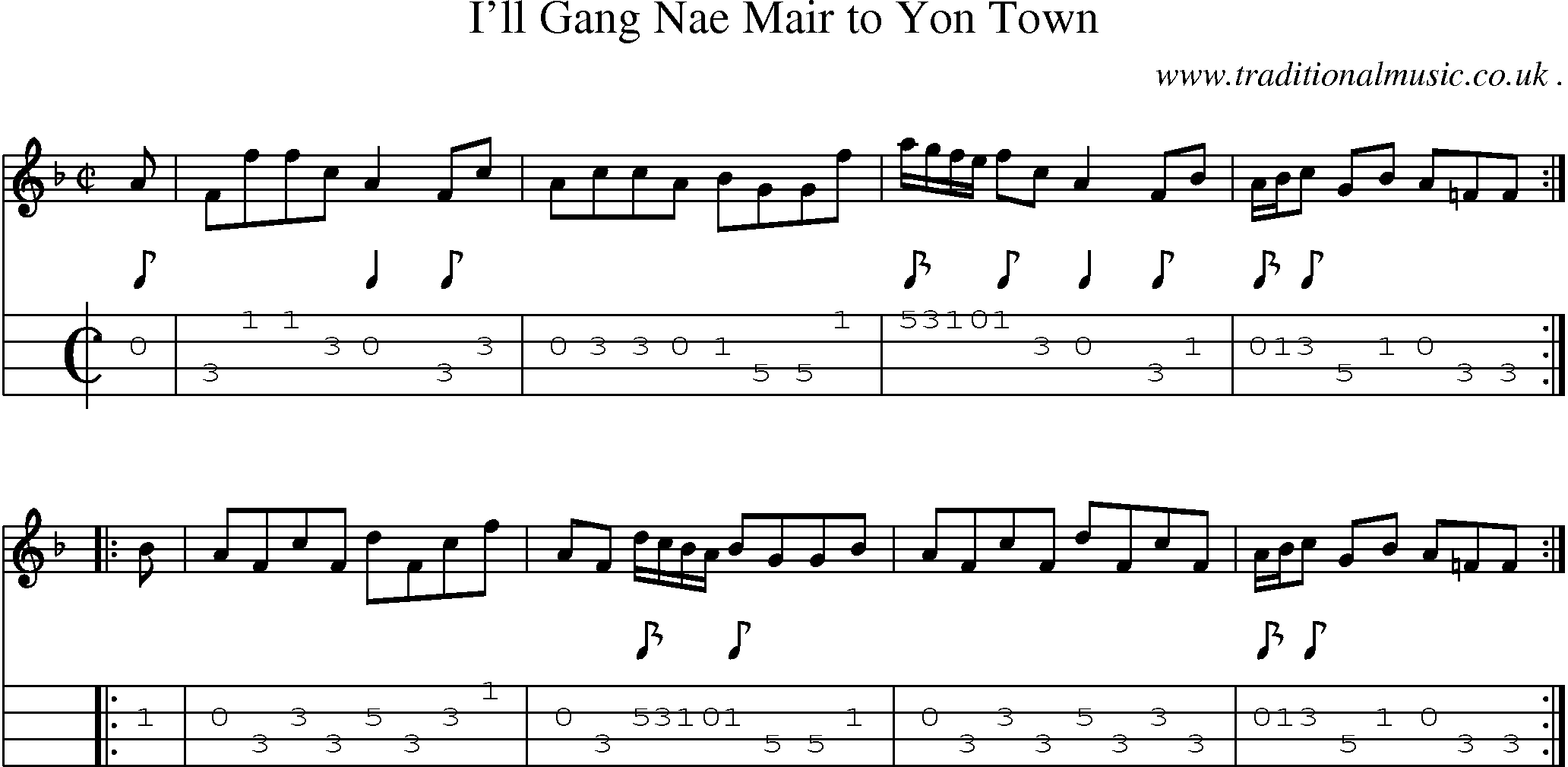 Sheet-music  score, Chords and Mandolin Tabs for Ill Gang Nae Mair To Yon Town