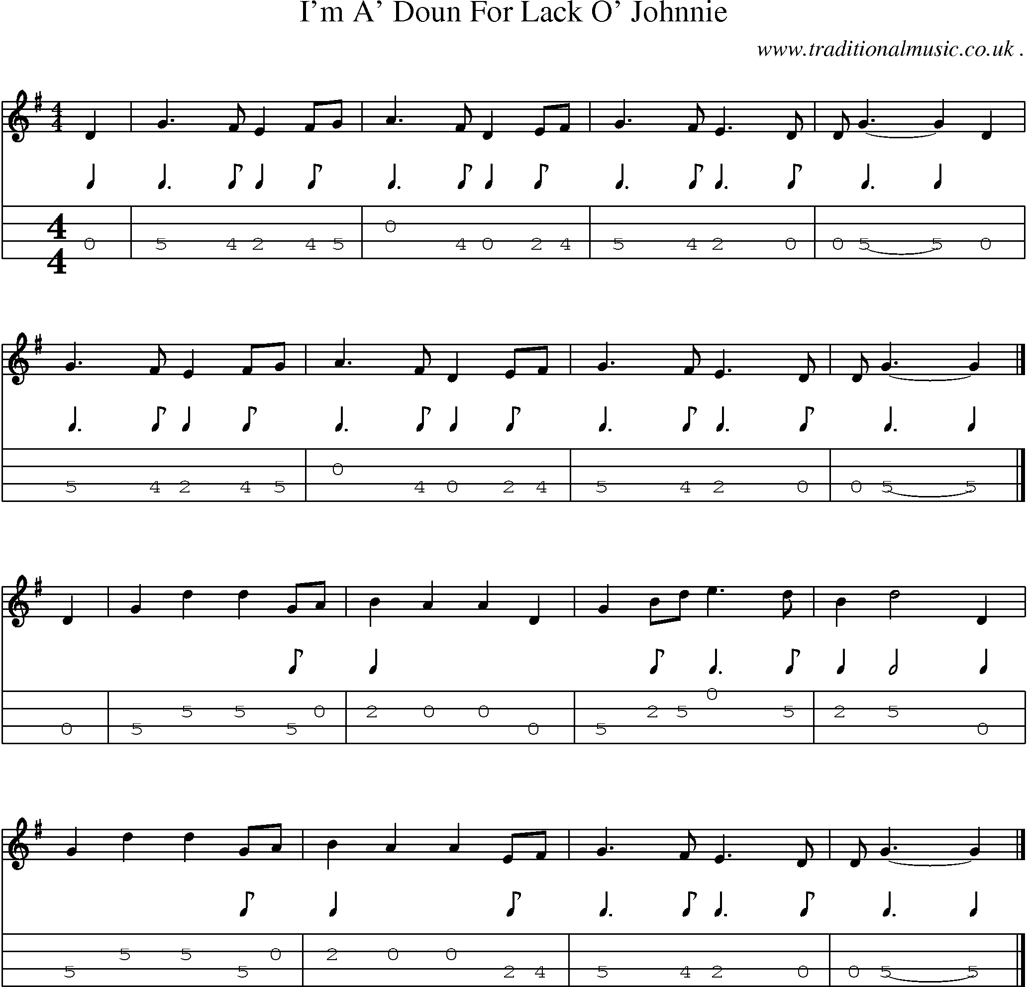 Sheet-music  score, Chords and Mandolin Tabs for Im A Doun For Lack O Johnnie