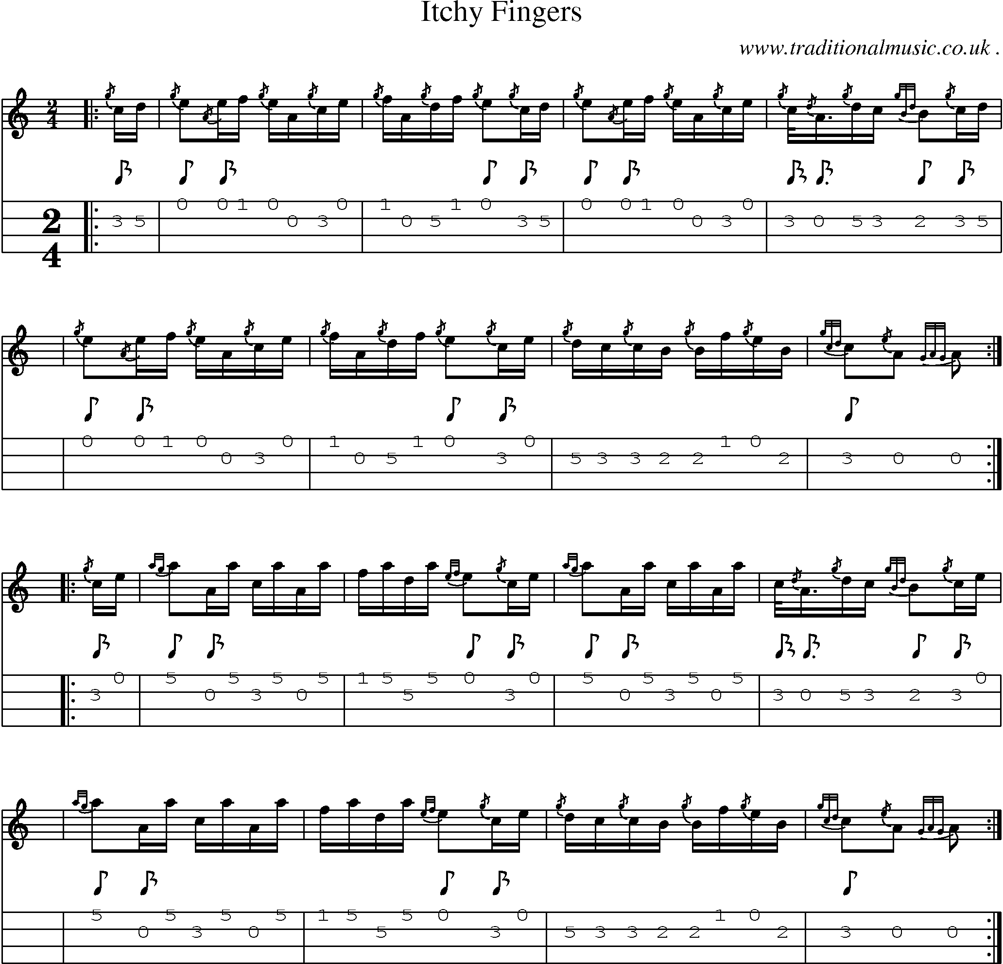 Sheet-music  score, Chords and Mandolin Tabs for Itchy Fingers