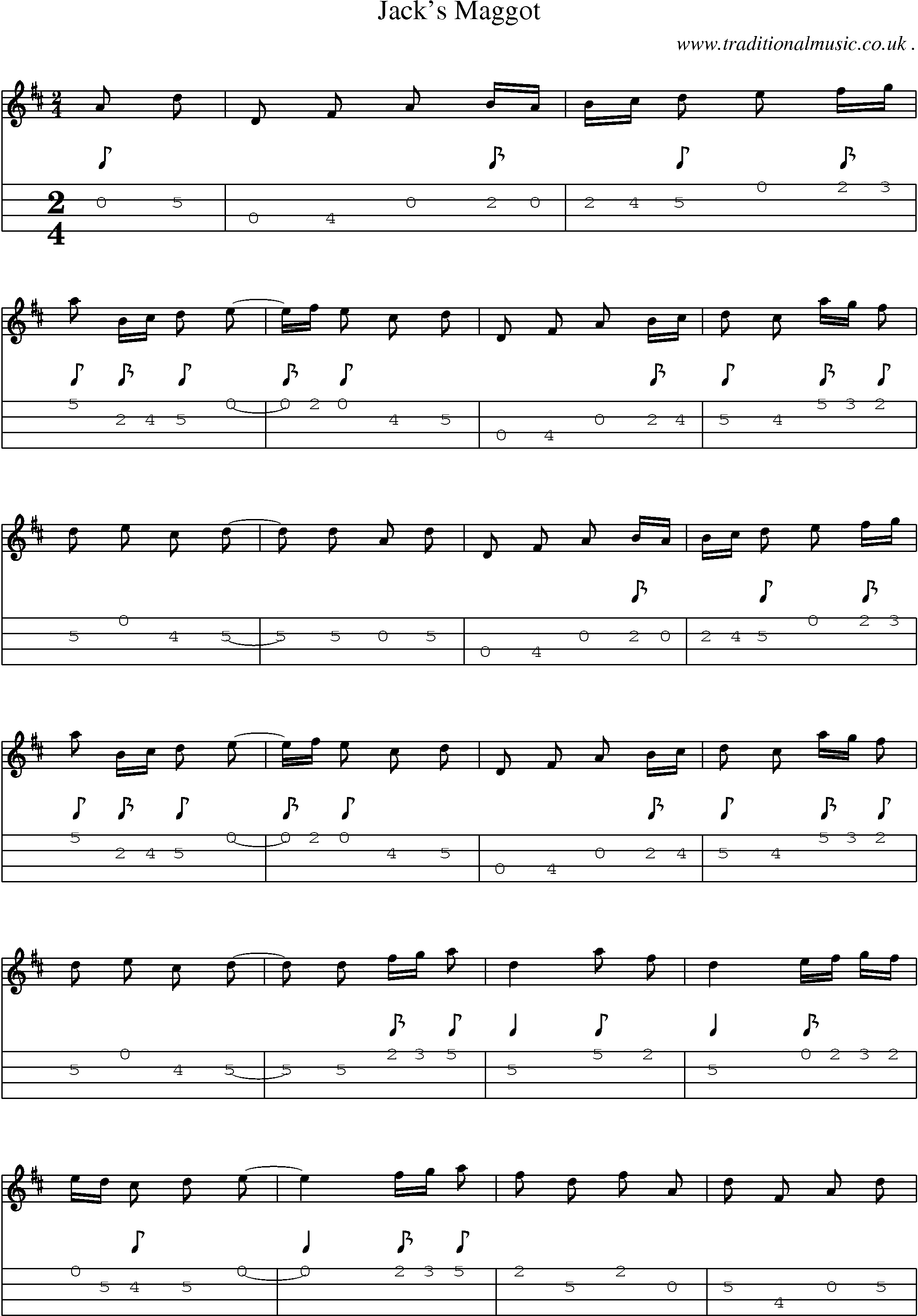 Sheet-music  score, Chords and Mandolin Tabs for Jacks Maggot
