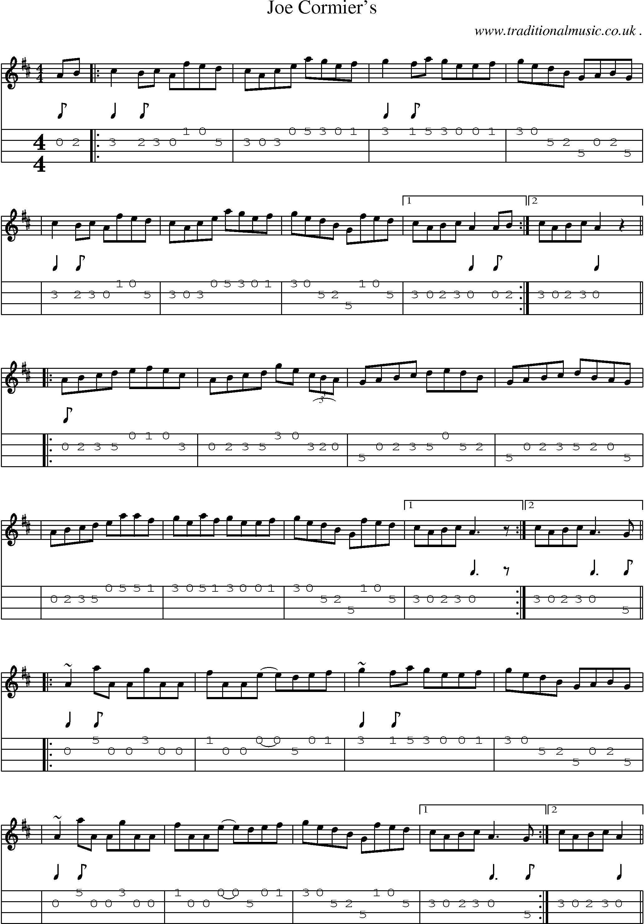 Sheet-music  score, Chords and Mandolin Tabs for Joe Cormiers