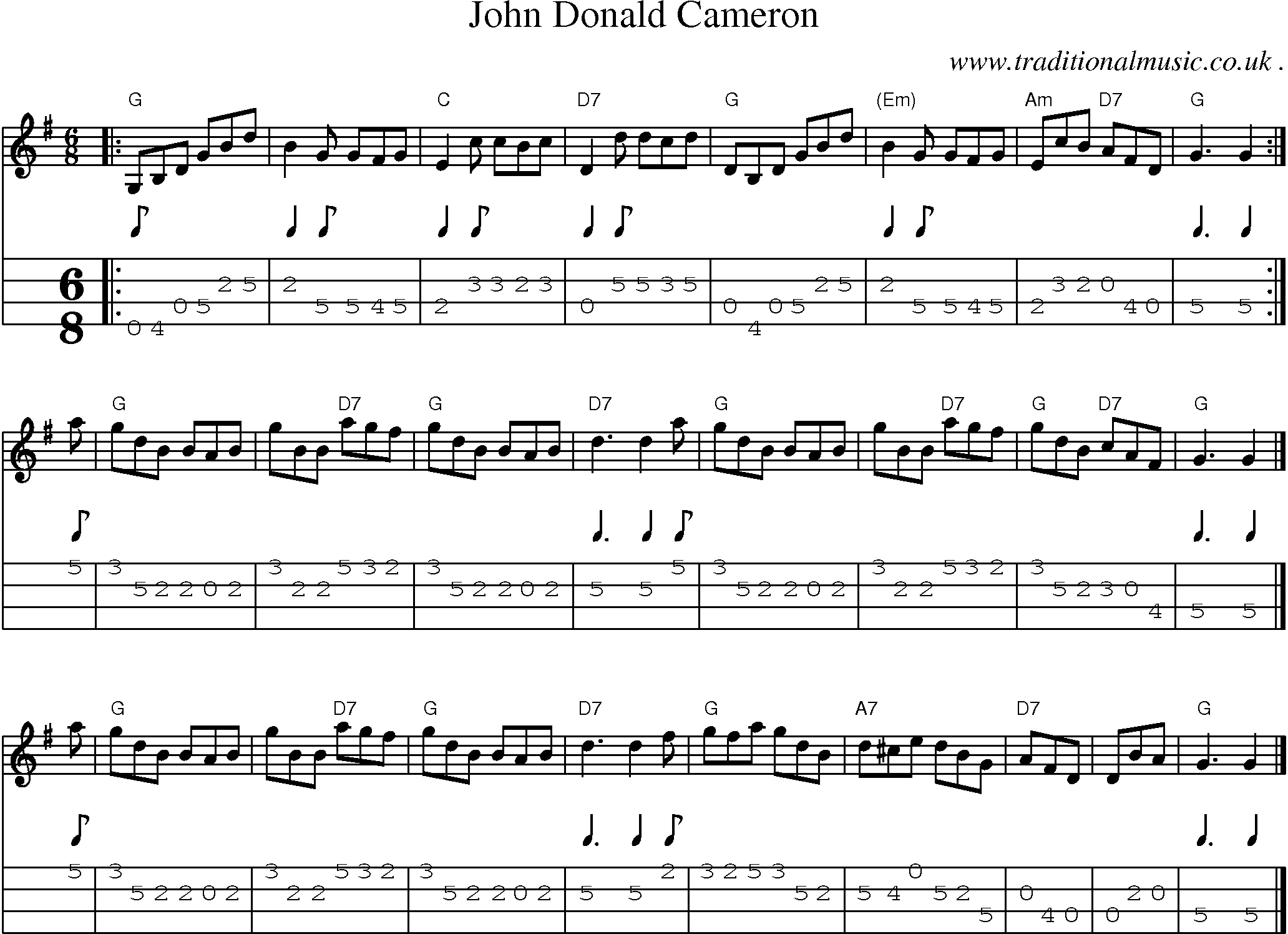 Sheet-music  score, Chords and Mandolin Tabs for John Donald Cameron