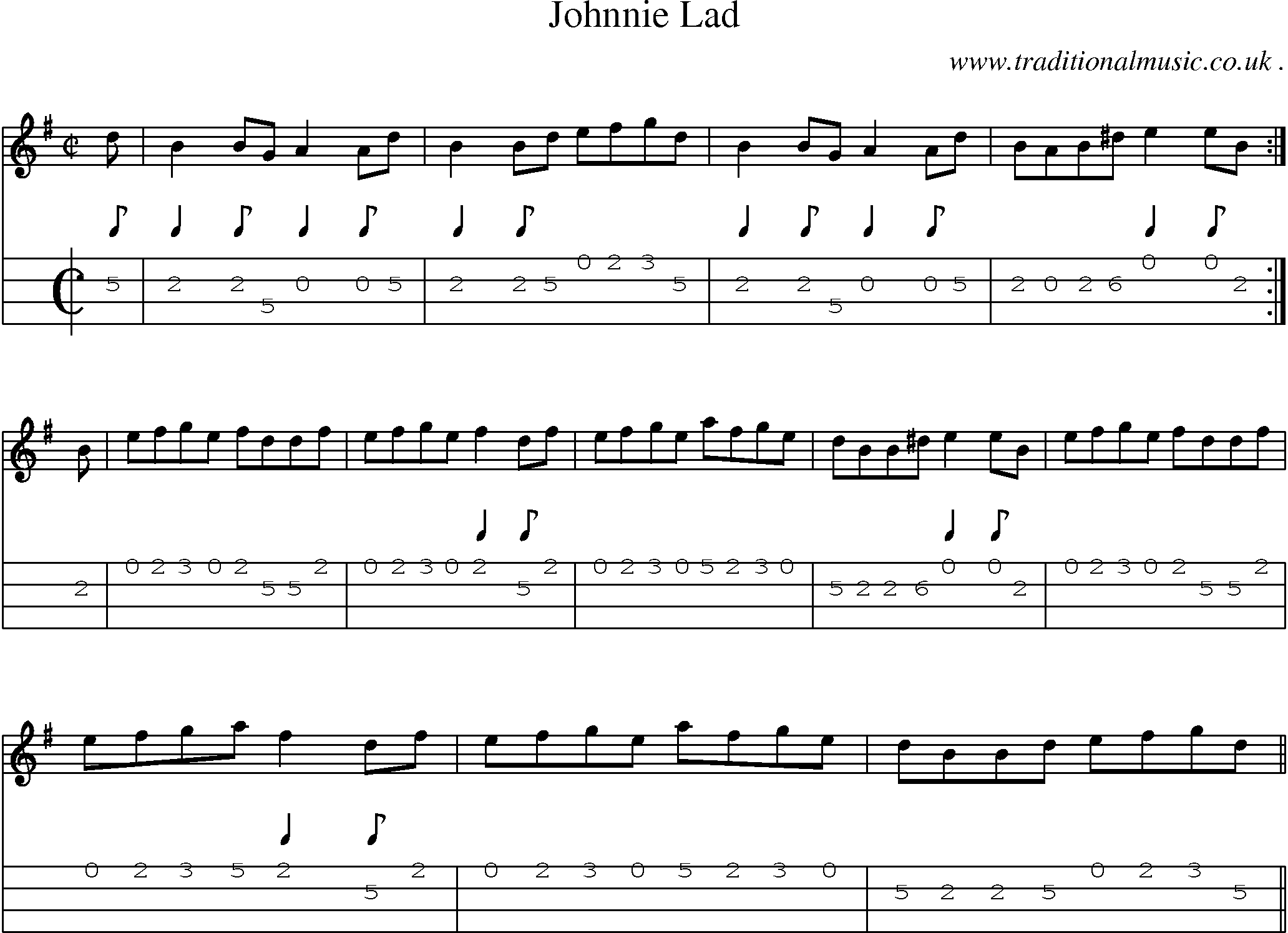Sheet-music  score, Chords and Mandolin Tabs for Johnnie Lad
