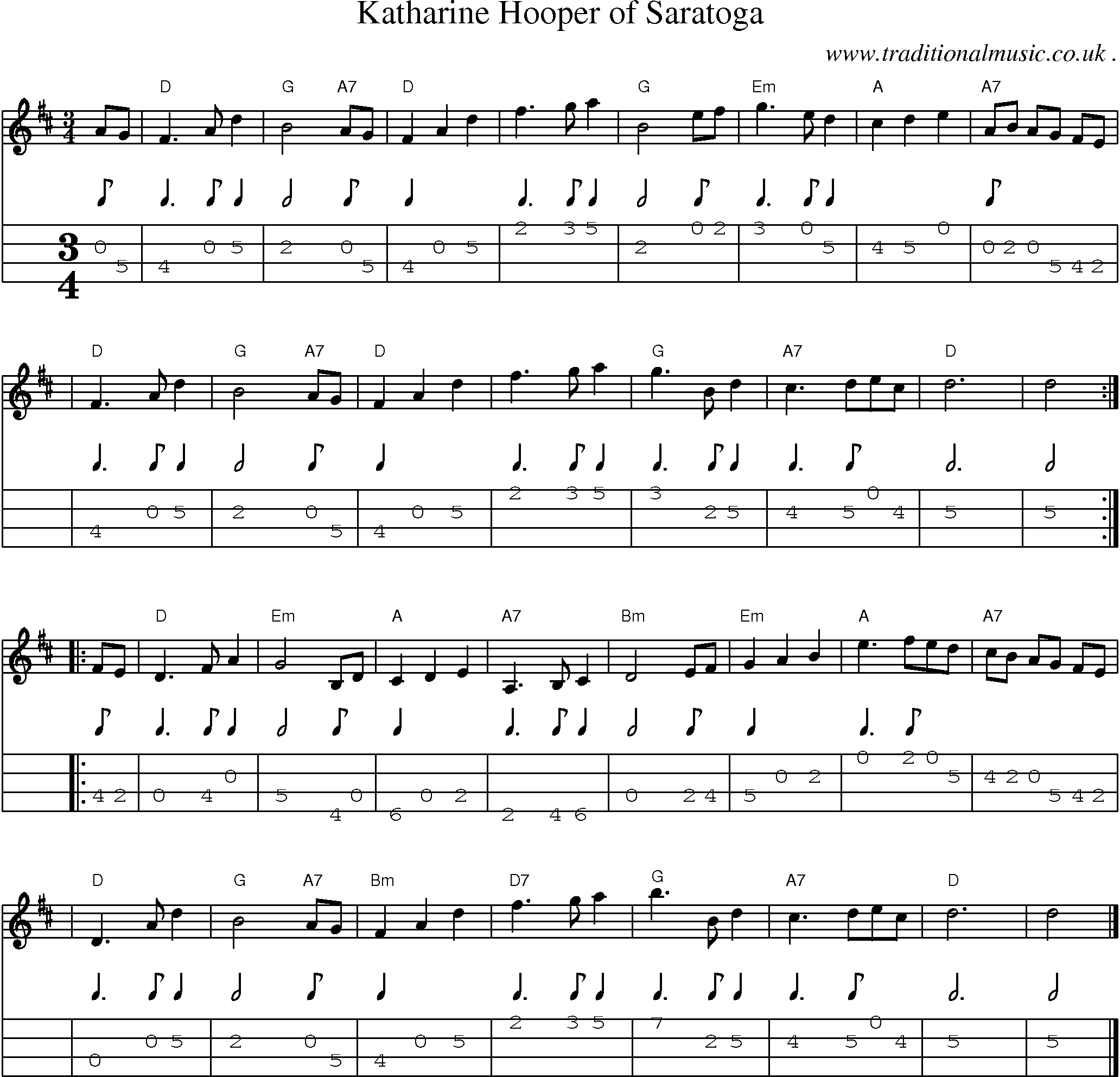 Sheet-music  score, Chords and Mandolin Tabs for Katharine Hooper Of Saratoga